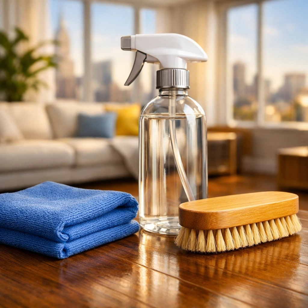 Eco-friendly cleaning supplies on hardwood floors for an apartment cleaning in Boston.