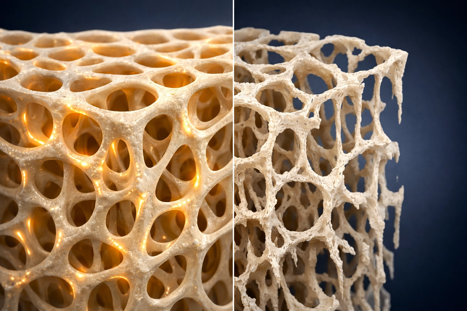 Comparison of healthy dense bone tissue and porous bone structure affected by menopause and osteoporosis.