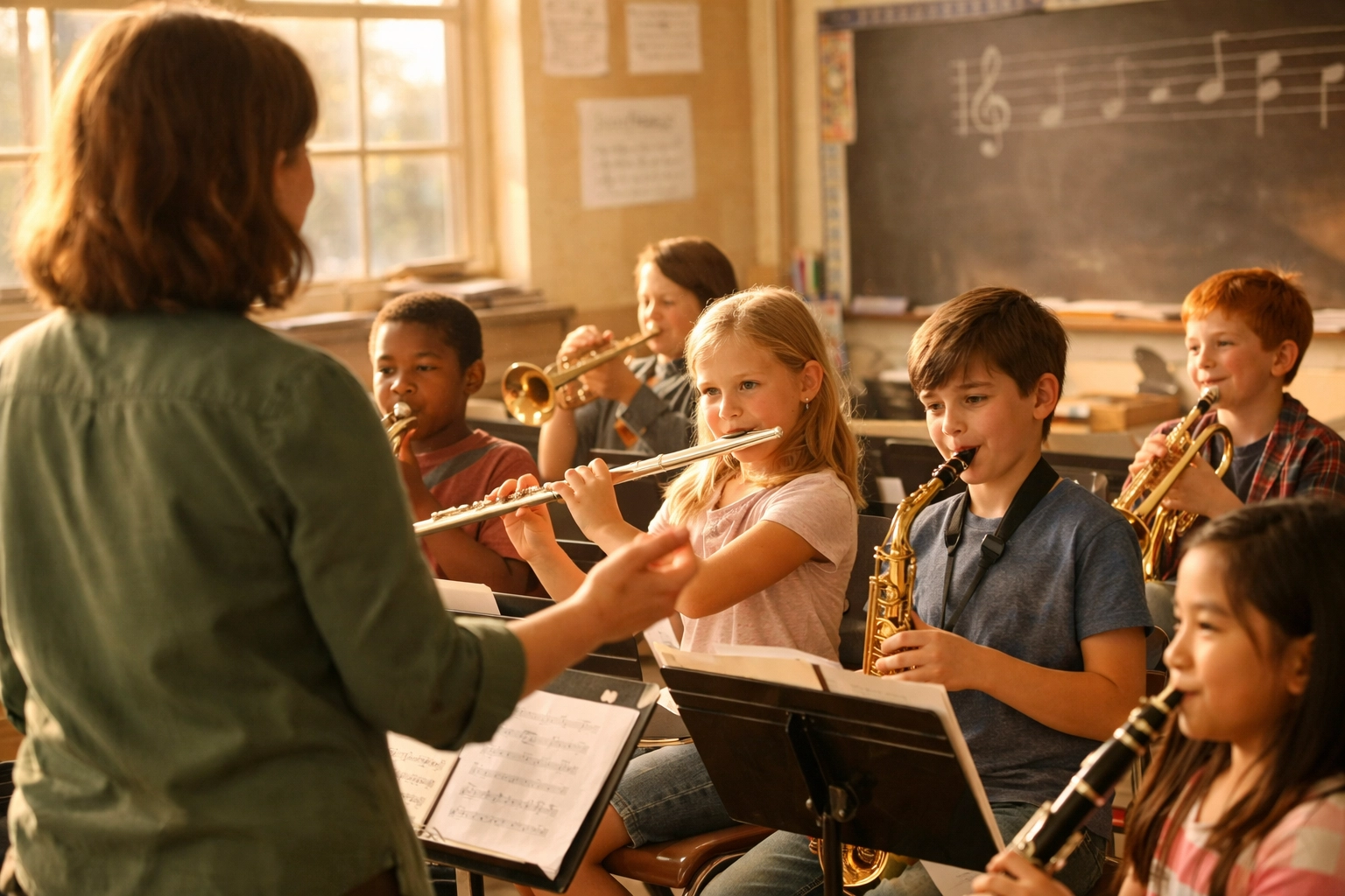 Music Teacher guiding Arizona students with instruments during jazz education program in Roosevelt District