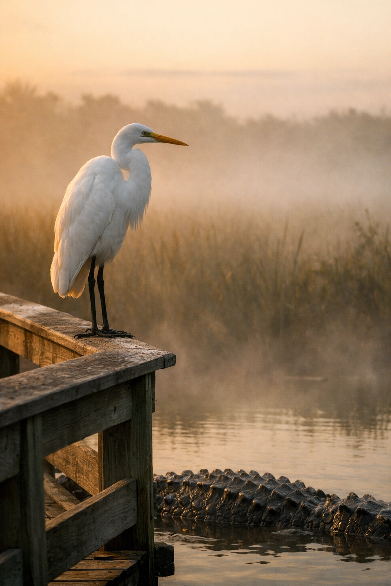 Great Egret on the Anhinga Trail boardwalk at dawn, a top Everglades wildlife photography location.