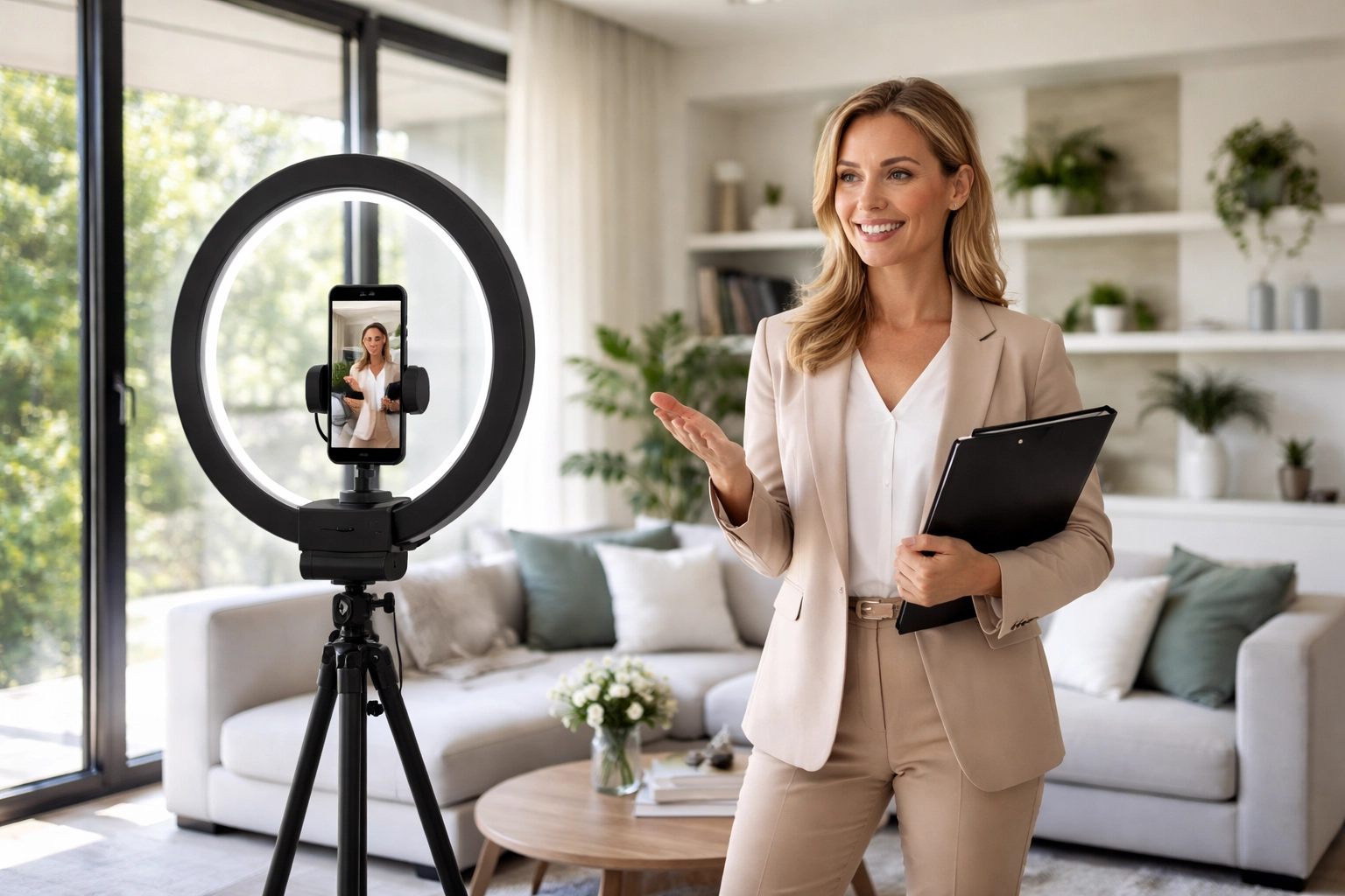 Real estate agent filming social media video in a staged living room, demonstrating content marketing for lead attraction.