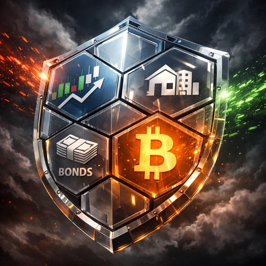 Diversified investment portfolio shield protecting against market volatility with Bitcoin integration