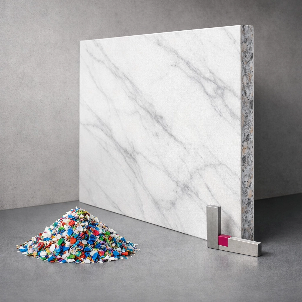 Recycled plastic construction panel and shredded waste showing circular construction site waste management.