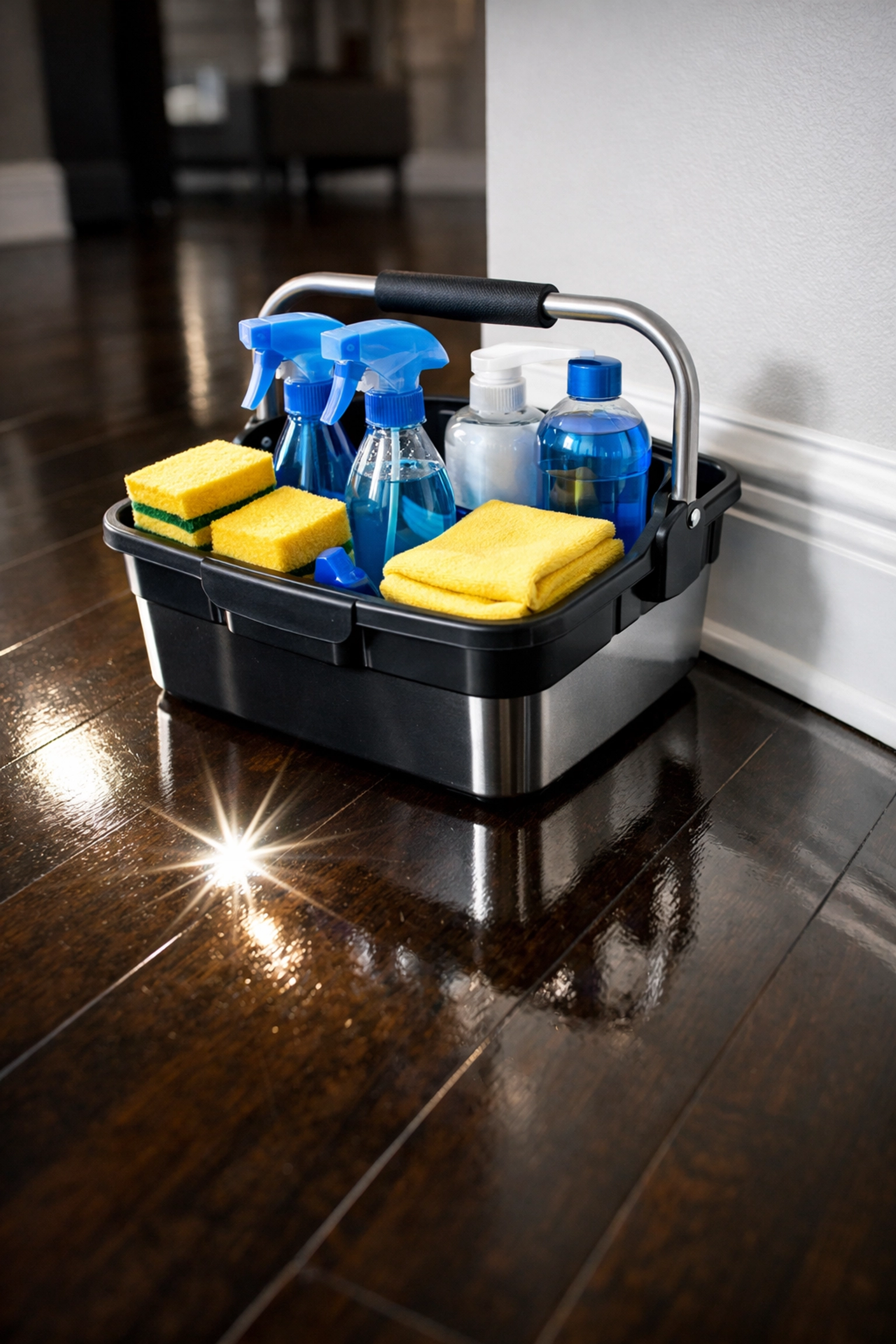 Professional cleaning caddy on polished dark hardwood floors representing house cleaning Framingham MA.