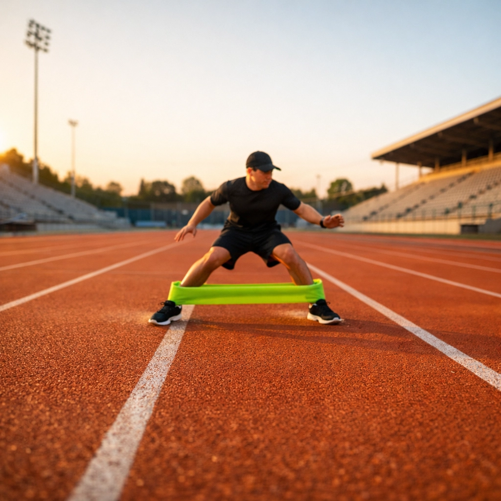 An athlete performing lateral band walks using a green resistance band to strengthen joints and prevent injury.