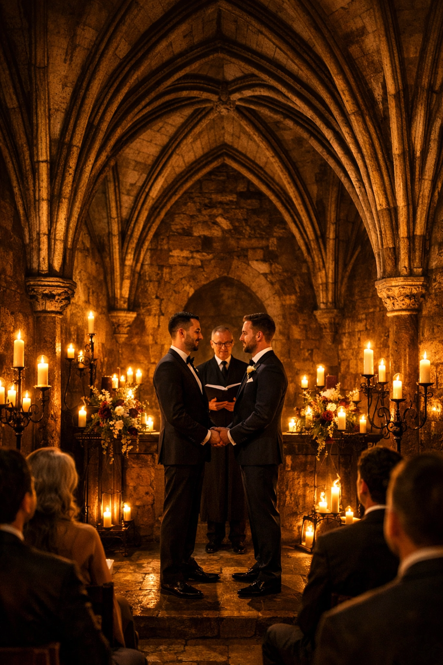 Gay wedding ceremony inside Prague's medieval Stone Bell House Gothic venue