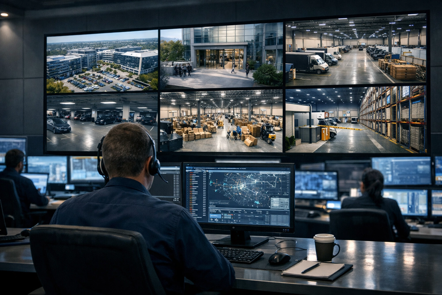 Professional security analyst at a surveillance centre protecting CCTV networks from cyber risks.