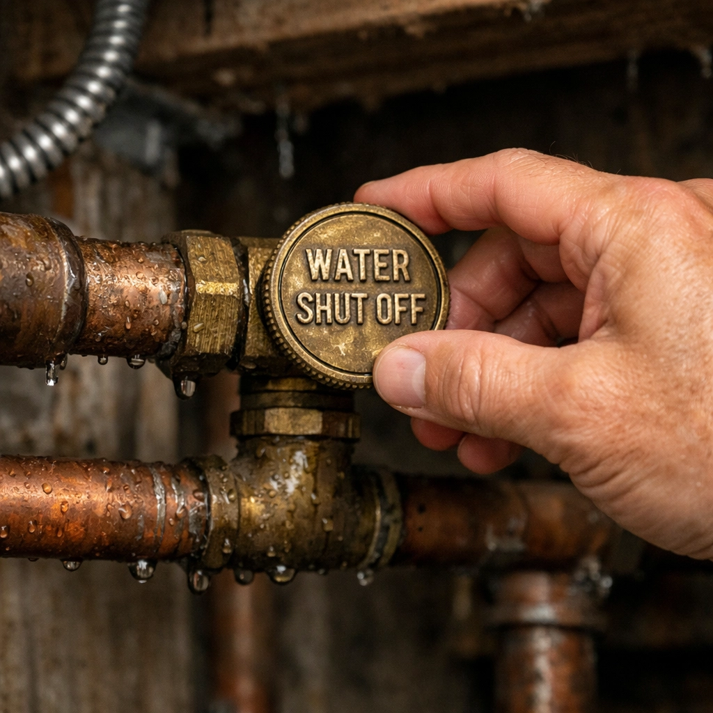 Turning off the main water shut-off valve to prevent extensive water damage in a Tuscaloosa home.