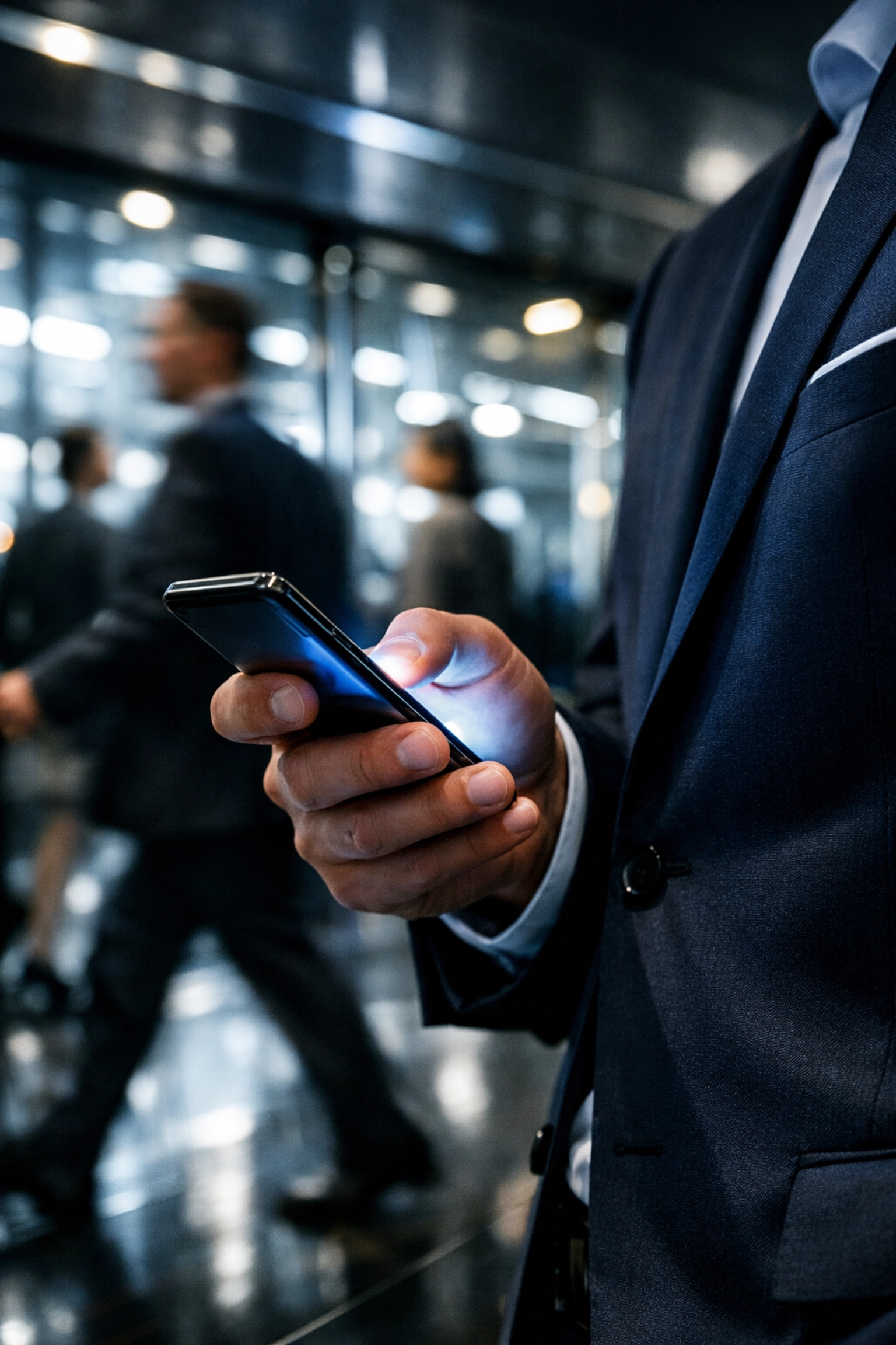 Professional using a smartphone for instant customer review responses and business automation.