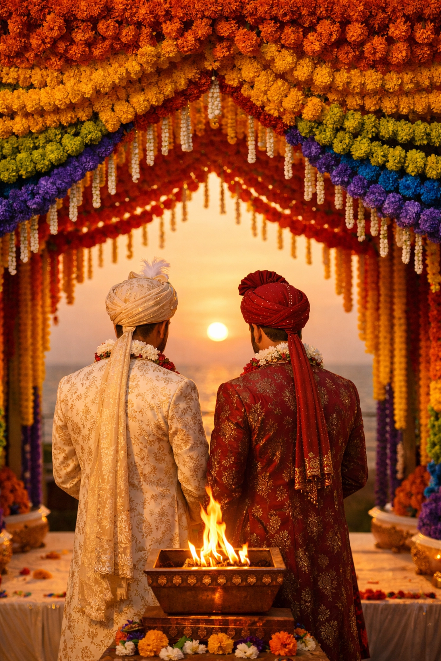 Rainbow marigold mandap at Indian gay fusion wedding ceremony in Mumbai