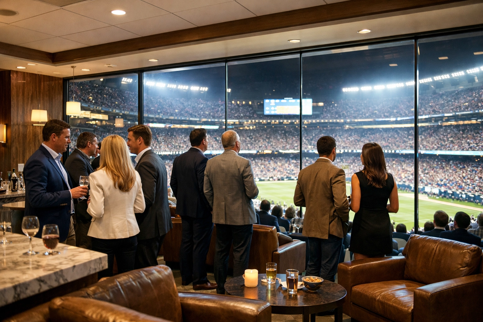 Executives in a luxury stadium VIP lounge focusing on corporate hospitality and brand activation.