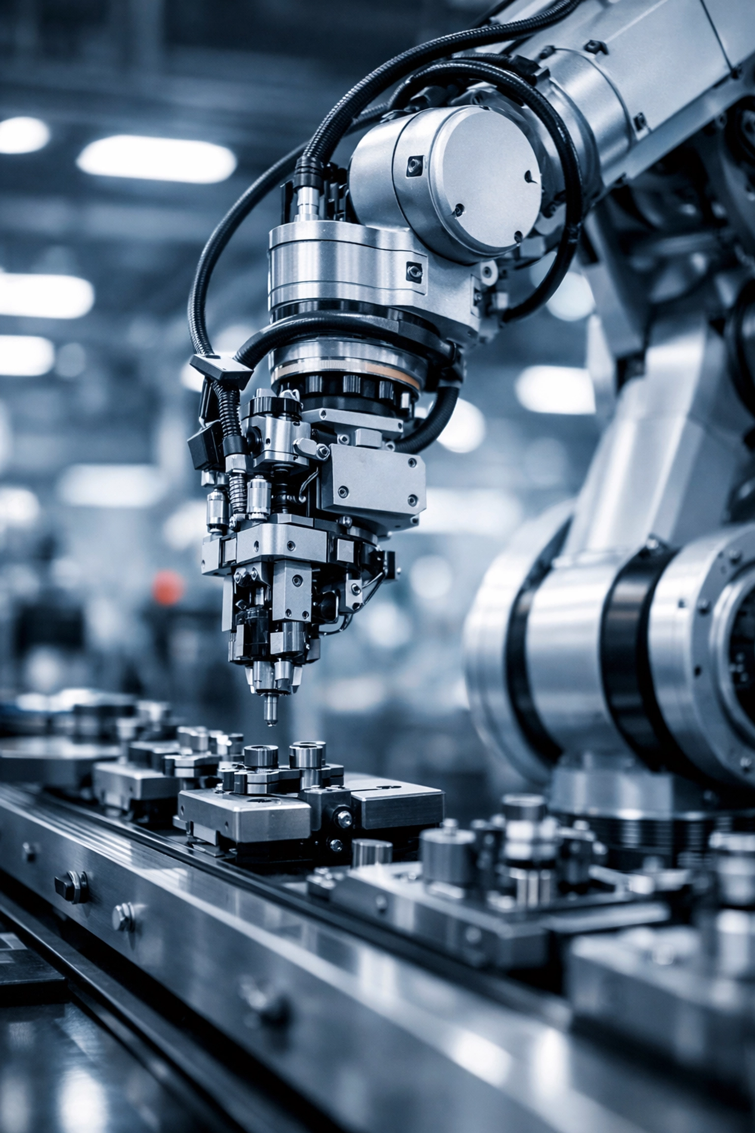 Custom robotic automation arm assembling components on manufacturing production line