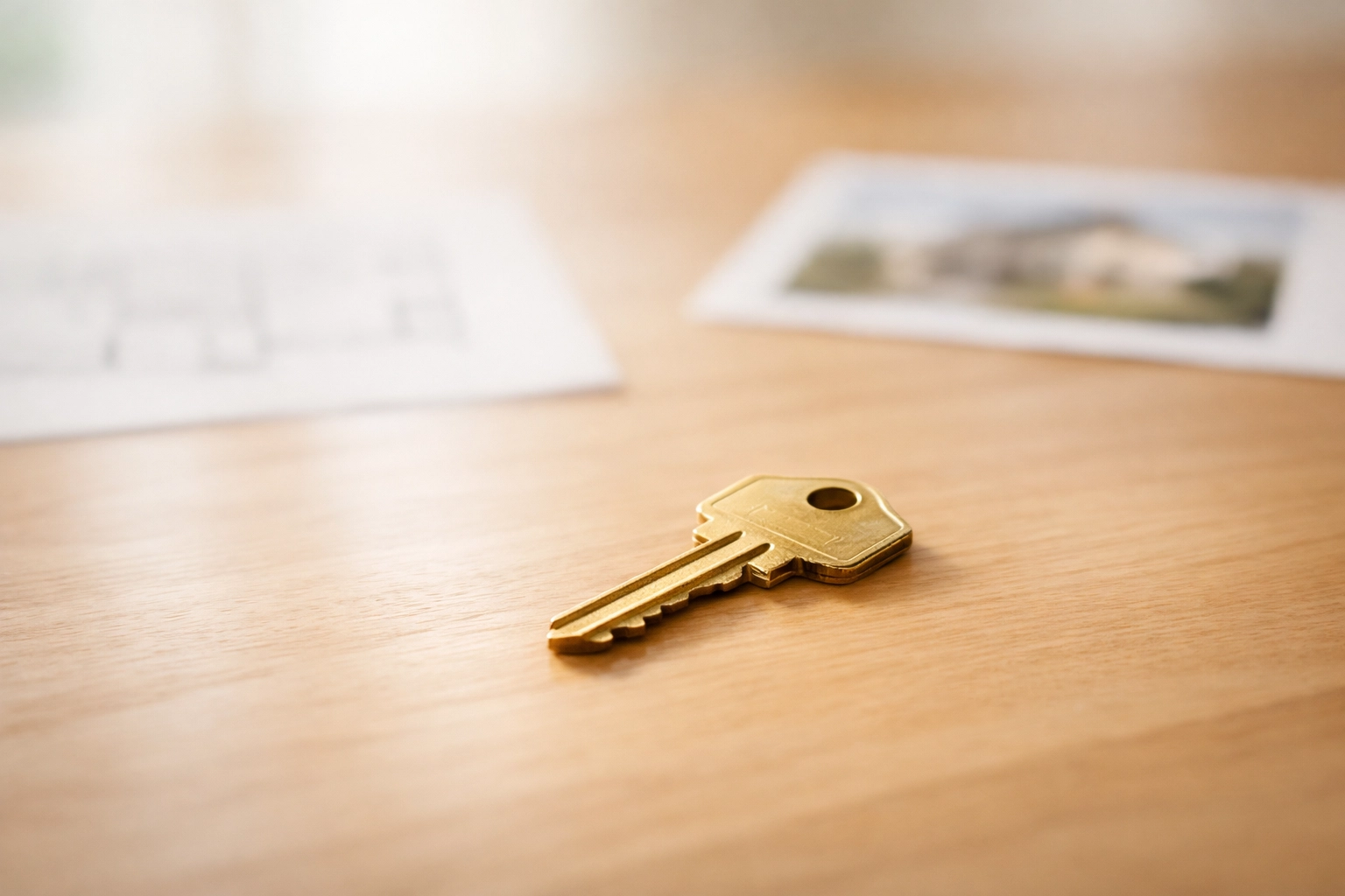Single house key on wooden table representing confident home buying decision