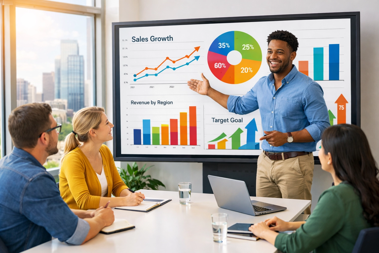 Data analyst presenting visualizations to team in professional STEM workplace