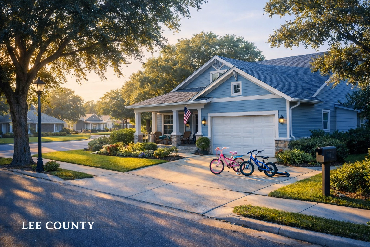 Family home on quiet Lee County street with children's bikes showing stable neighborhood