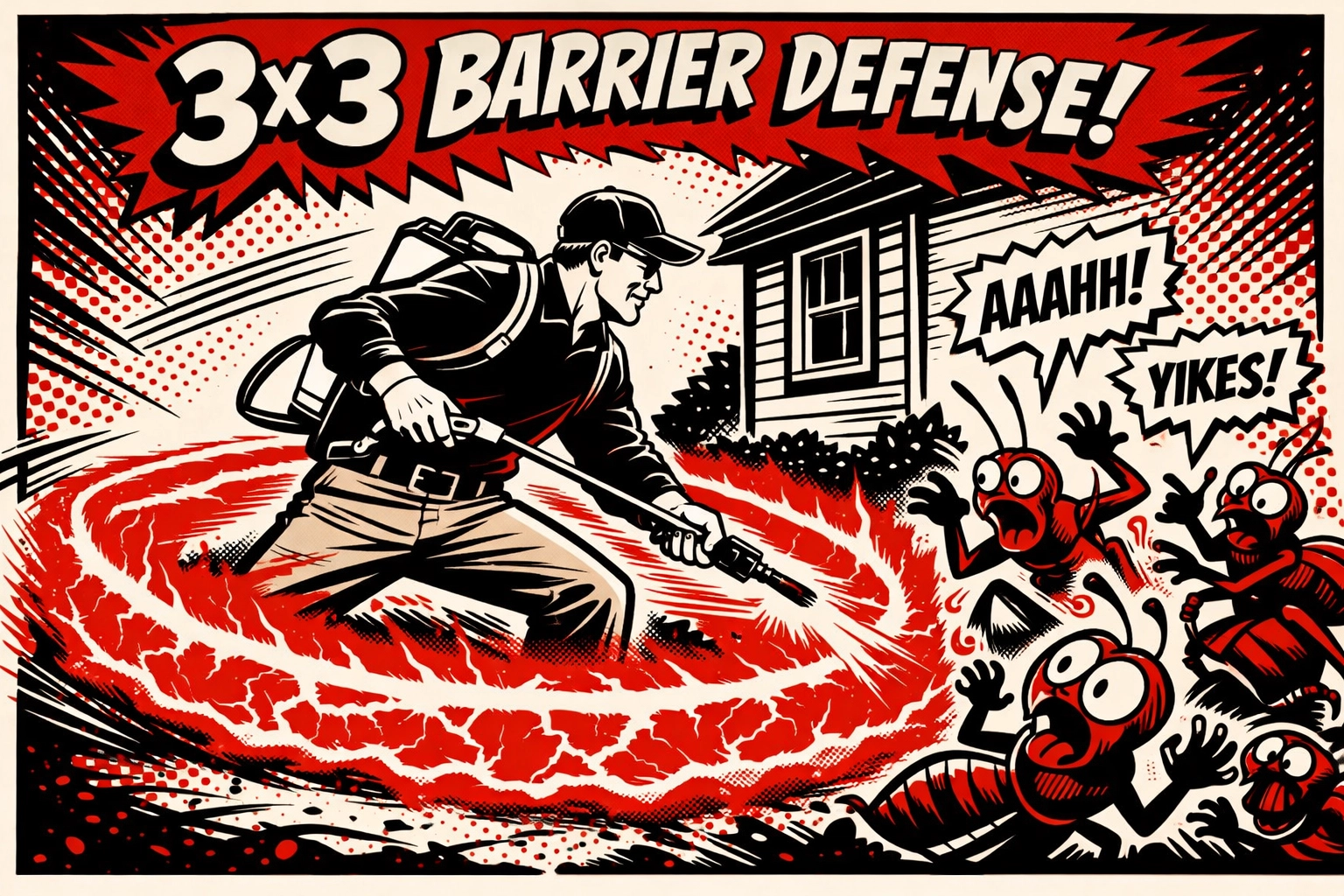 Exterminator applying a 3x3 barrier defense around a house to stop pests in Jasper AL.