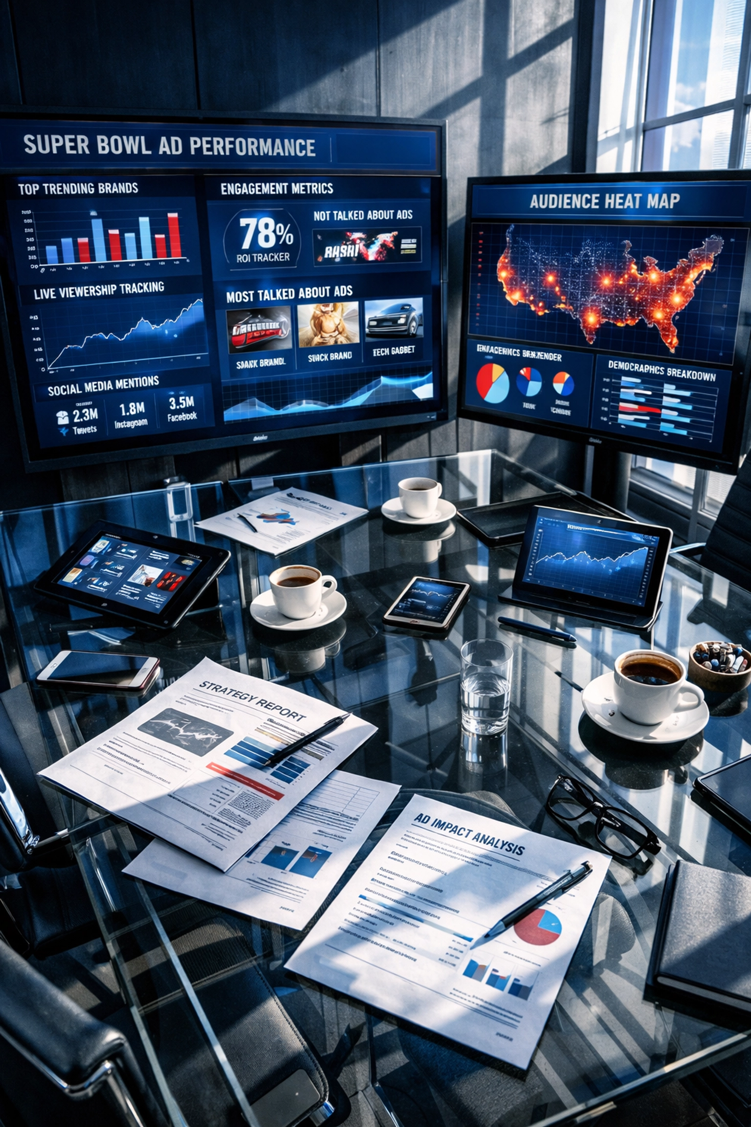 Super Bowl advertising analytics dashboard showing real-time campaign metrics and ROI tracking