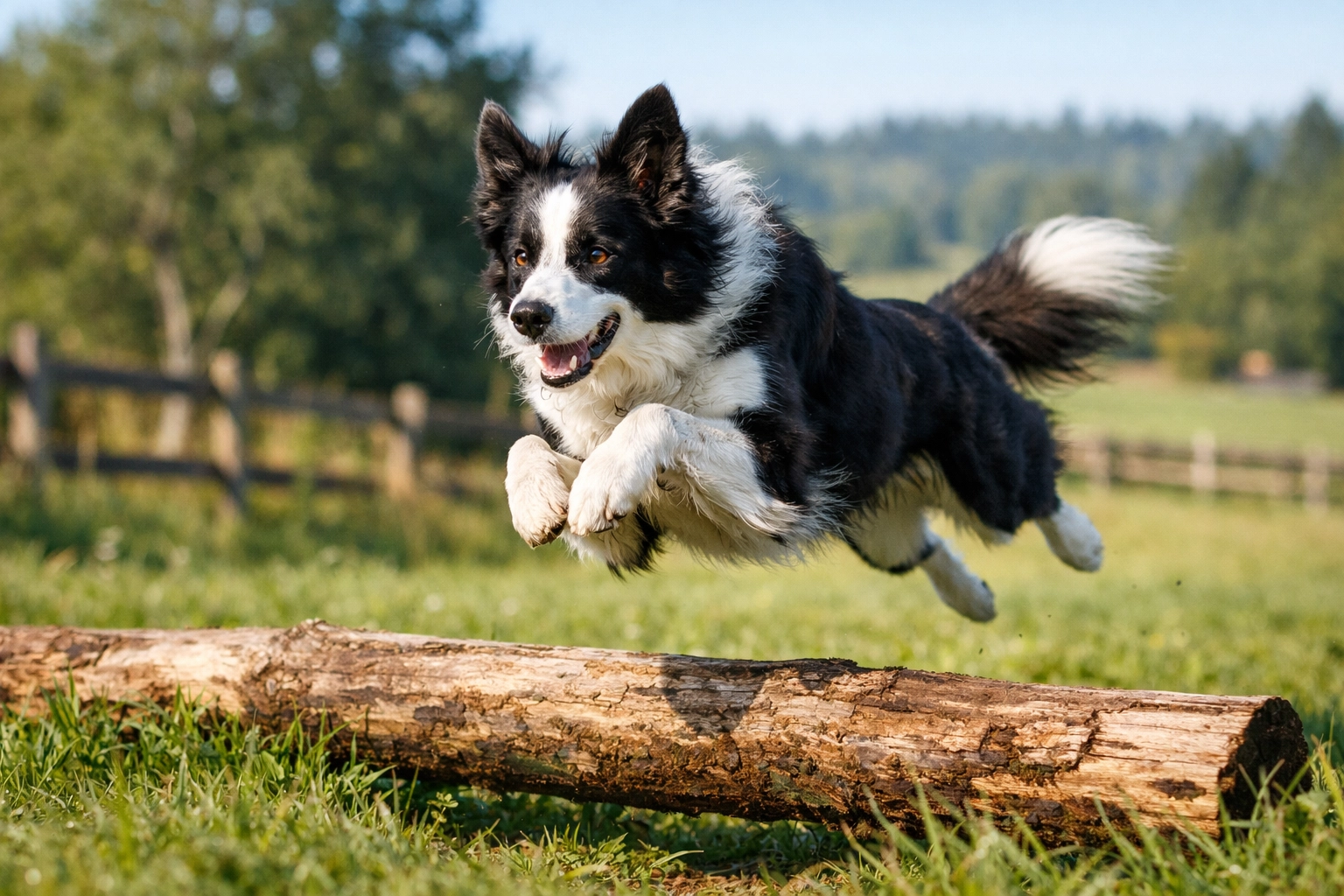 Border Collie jumping over a log during a rotating exercise session at Green Acres K-9 Resort in Boring, Oregon.
