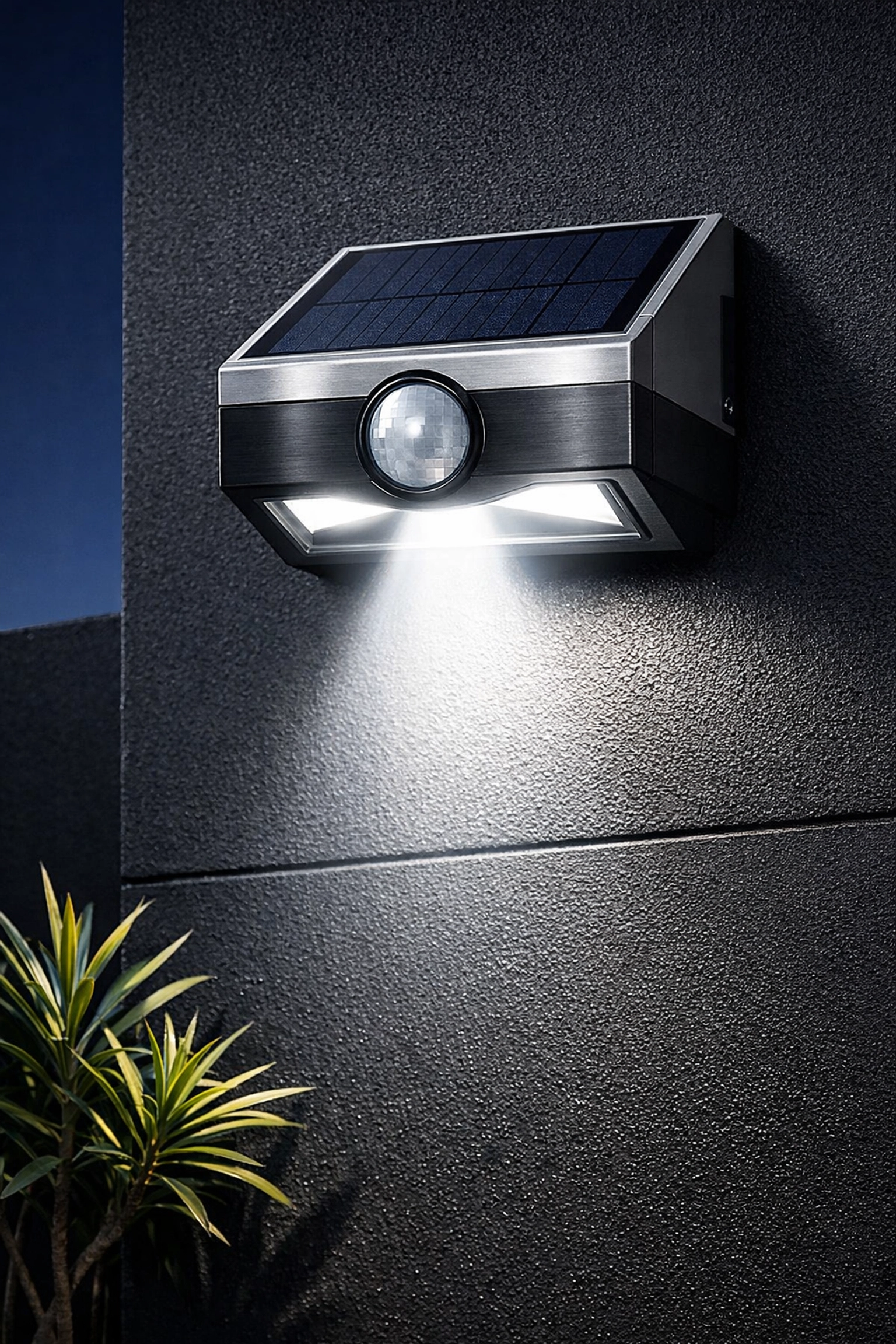 Ηλιακά φωτιστικά κήπου με αισθητήρα κίνησης και δέσμη φωτός LED σε εξωτερικό τοίχο.