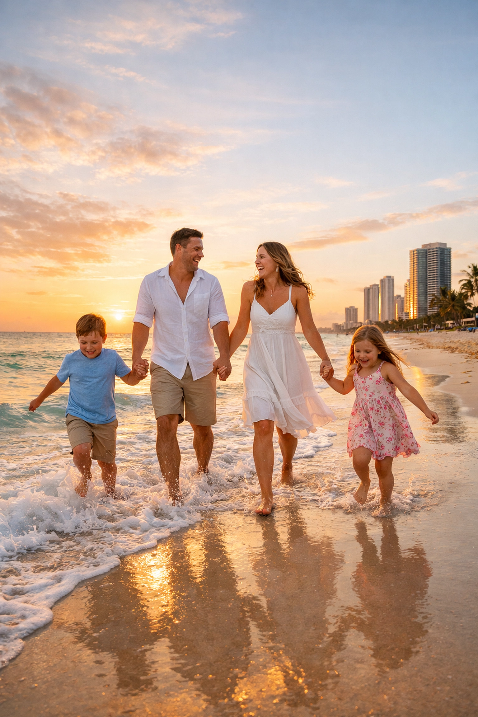 Family walking on a tropical Miami beach at sunset, enjoying fun outdoor activities for kids.