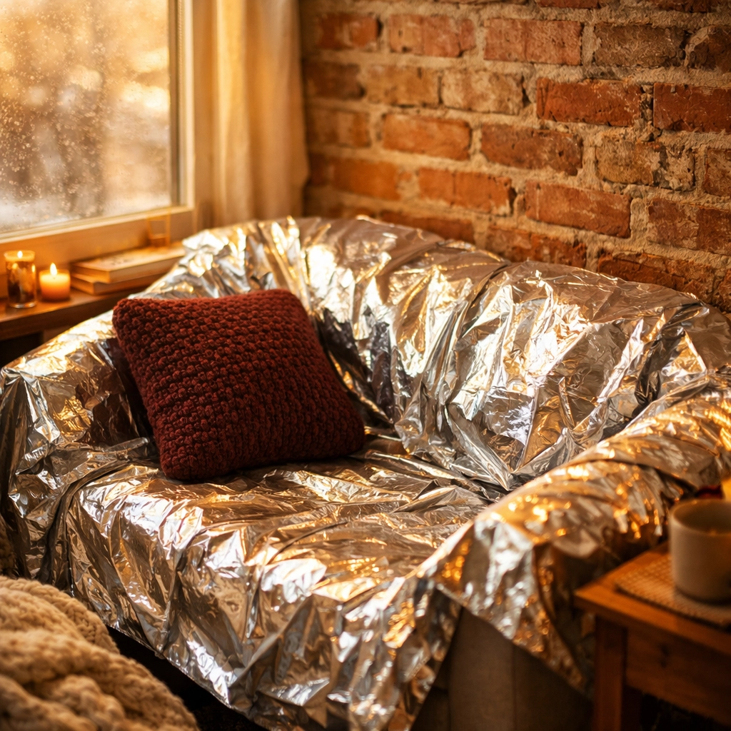 Mylar emergency blankets draped on apartment couch for winter blackout preparedness How to Prep Your Apartment for Winter Blackouts in Under $50 (No Garage Required)