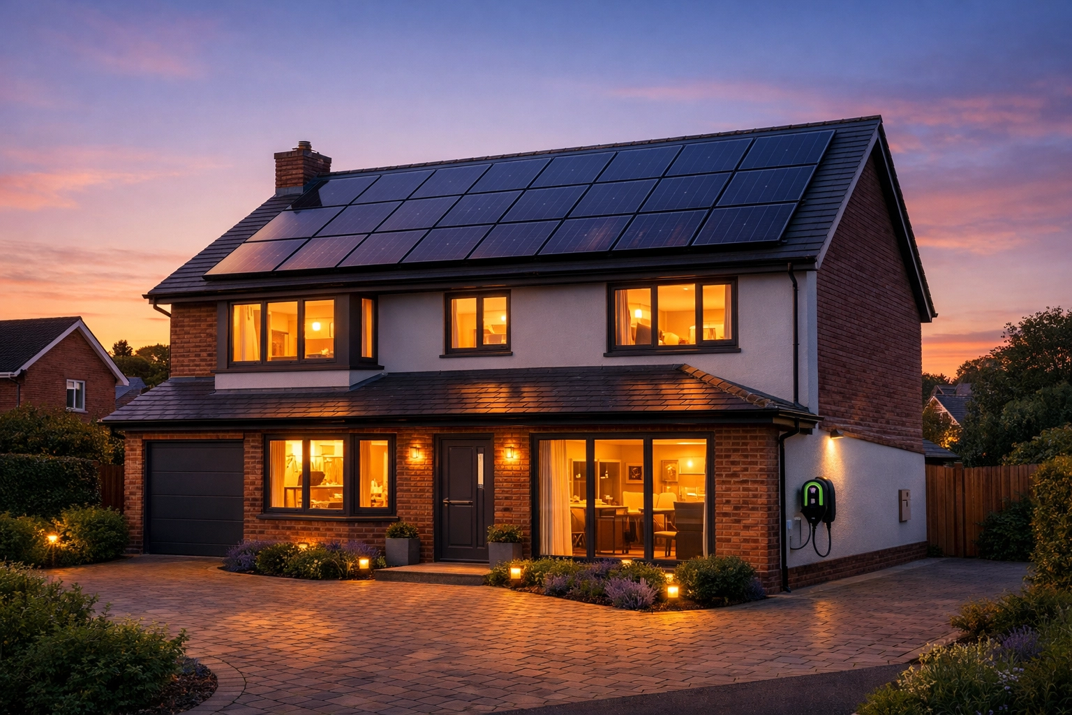 Modern UK house featuring a high-quality solar panel system and electric vehicle charging station.