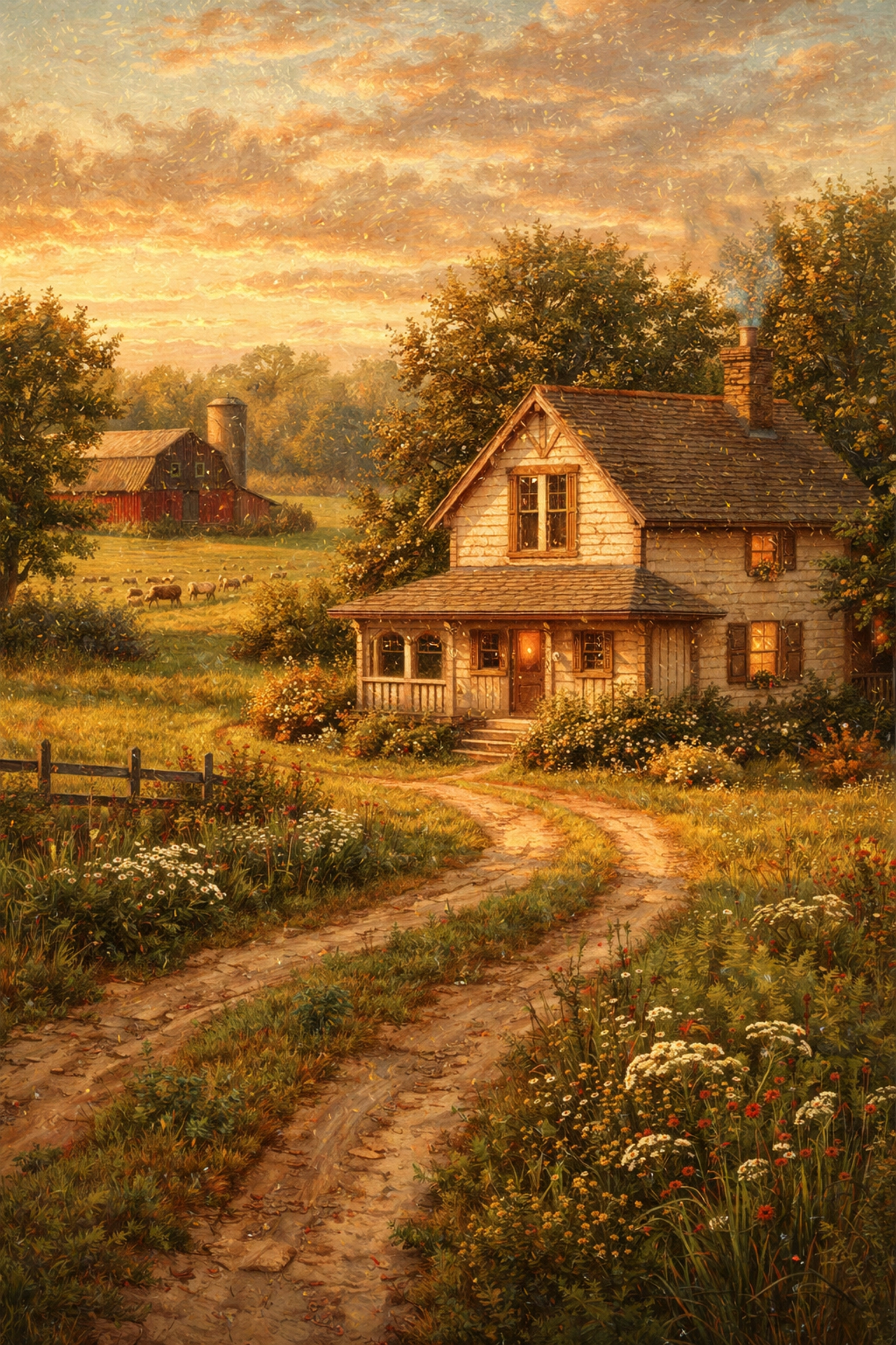Rustic farmhouse and red barn at sunset represent the beginnings of Faithful Flock Farm's journey.