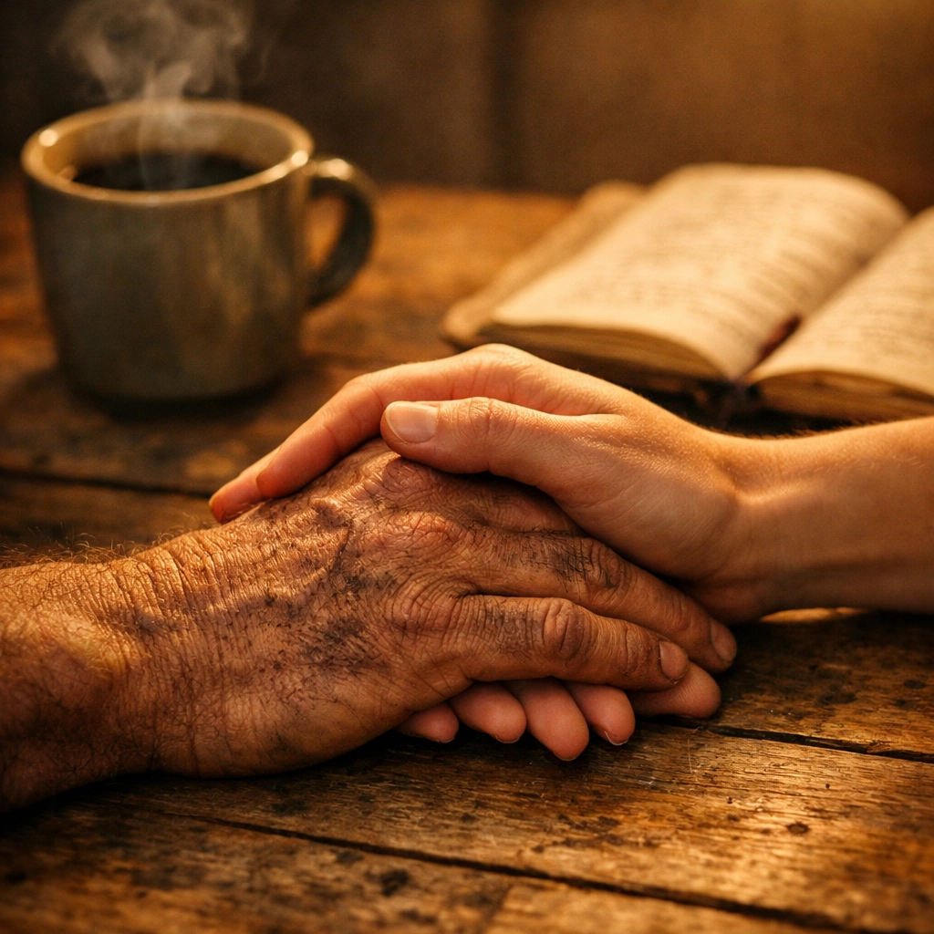 Two people holding hands over a table with coffee and a journal, symbolizing connection and hope in recovery ministry.