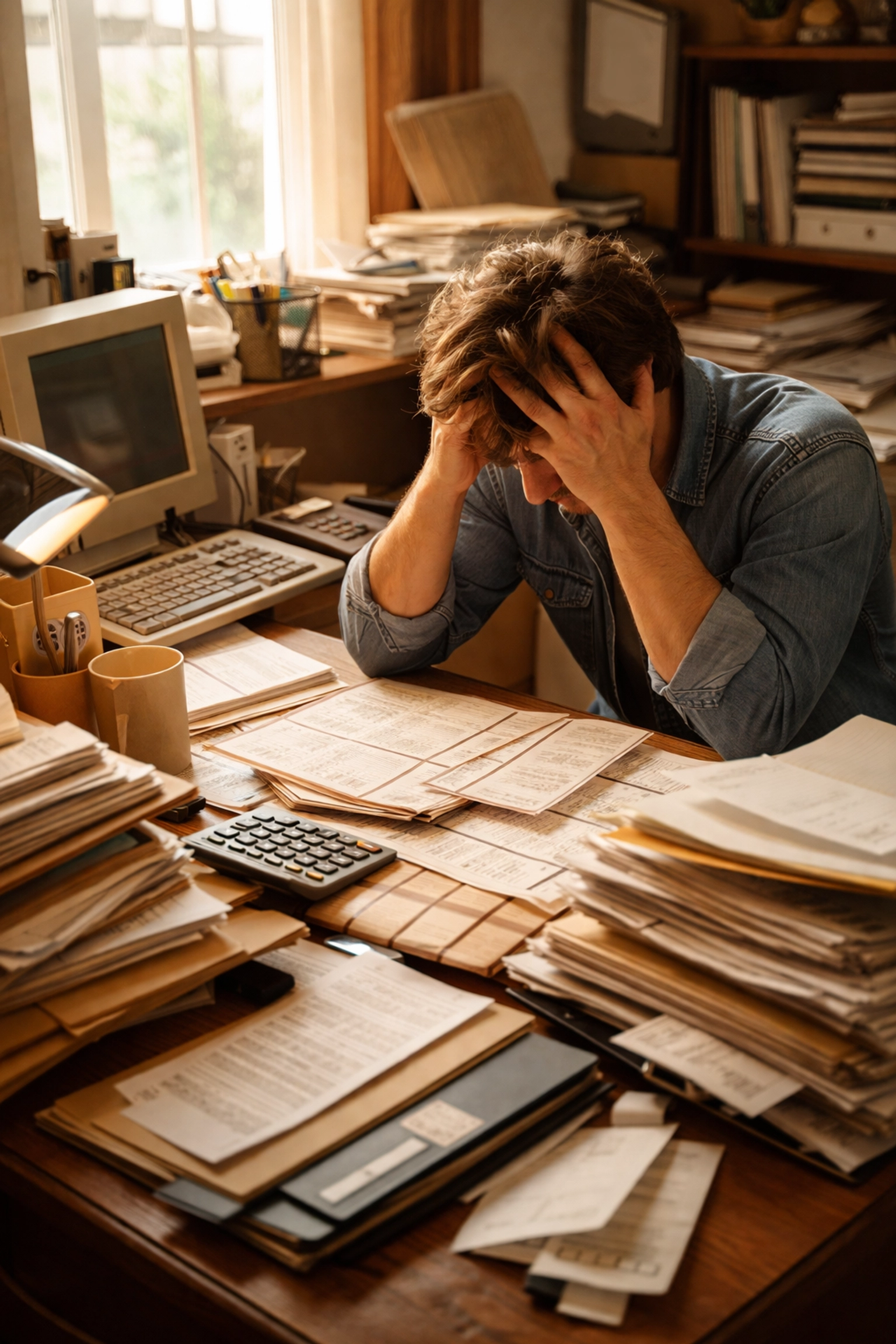 Stressed small business owner overwhelmed by paperwork before switching accountants
