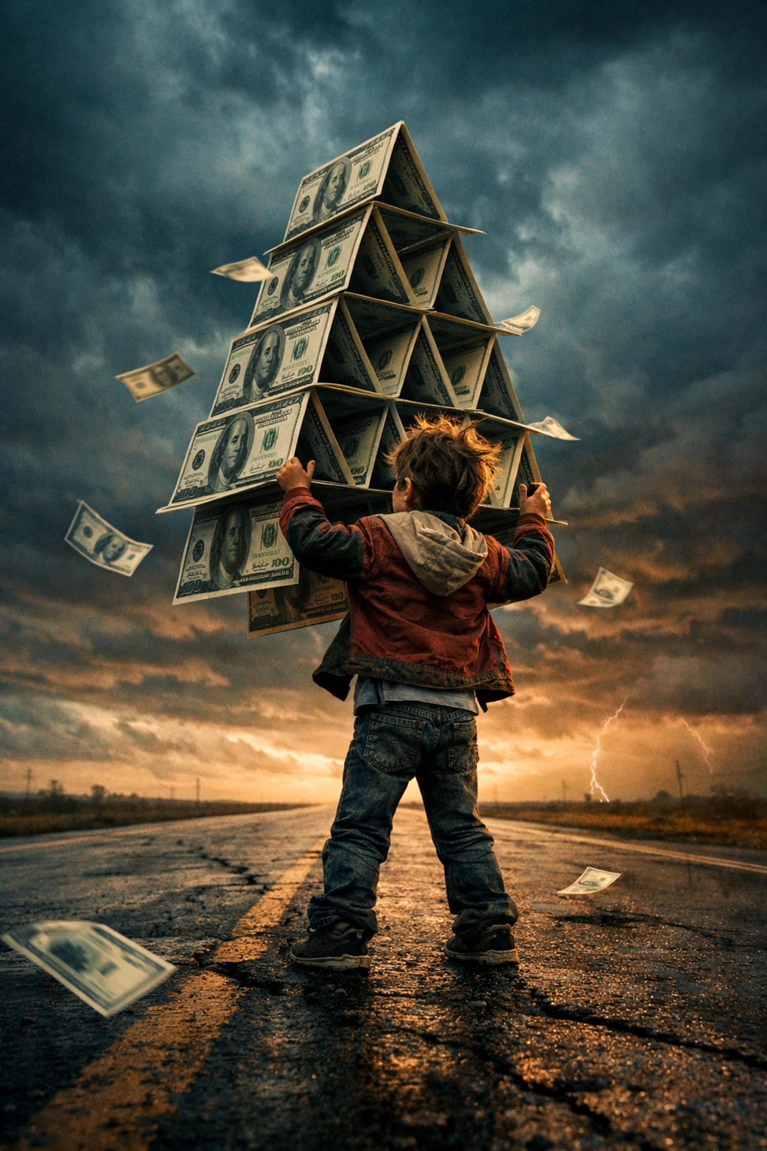 Child balancing a house of cards made of money, symbolizing the fragile national debt and the burden on children.