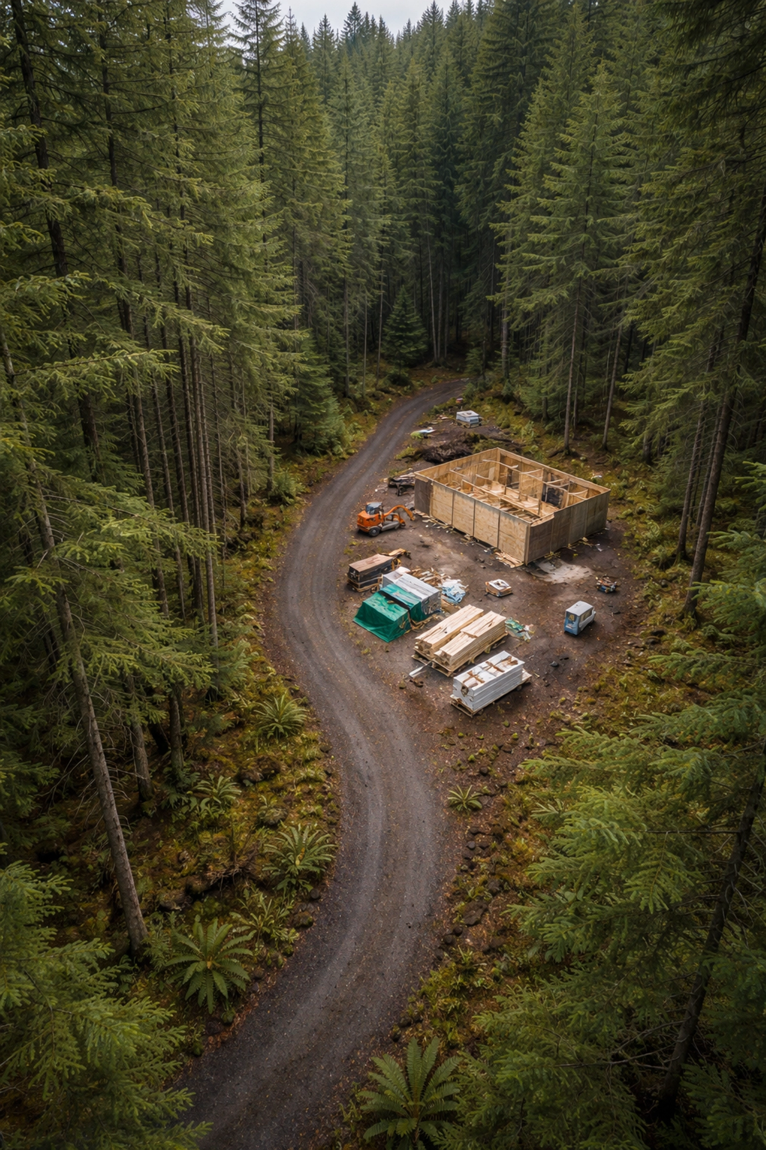 Aerial view of forest home construction on the Olympic Peninsula, staging materials in a challenging wooded environment.