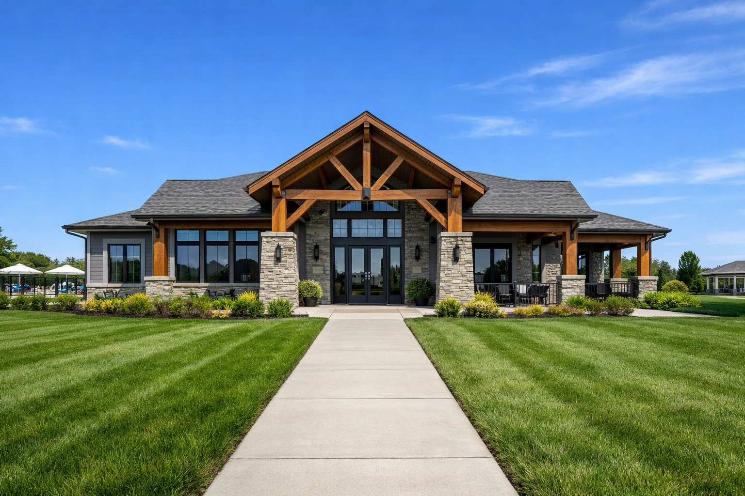 Well-maintained modern suburban HOA clubhouse in Indianapolis showcasing professional property management care.