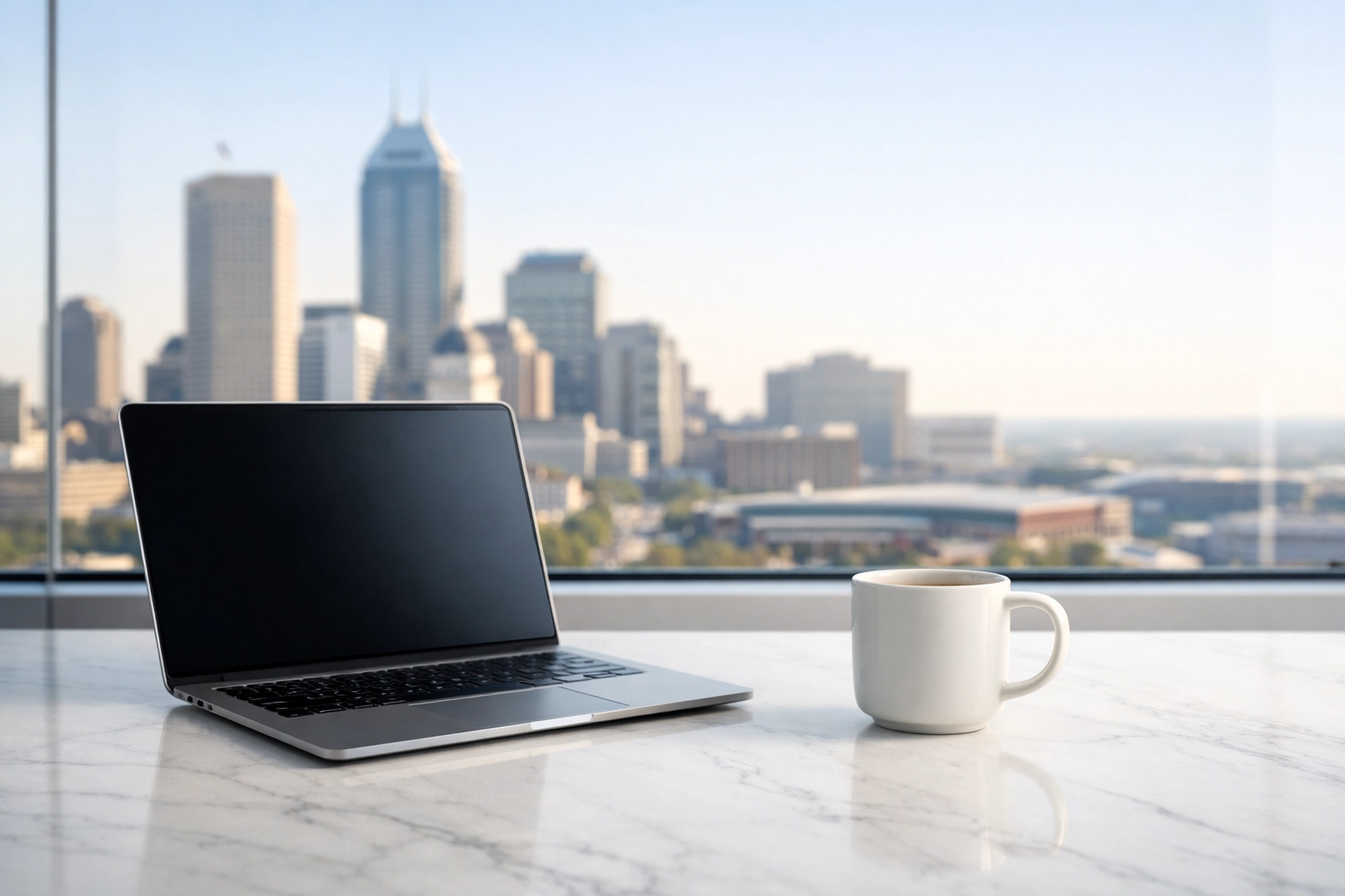 Modern Indianapolis property management workspace with a skyline view representing efficient portfolio oversight.