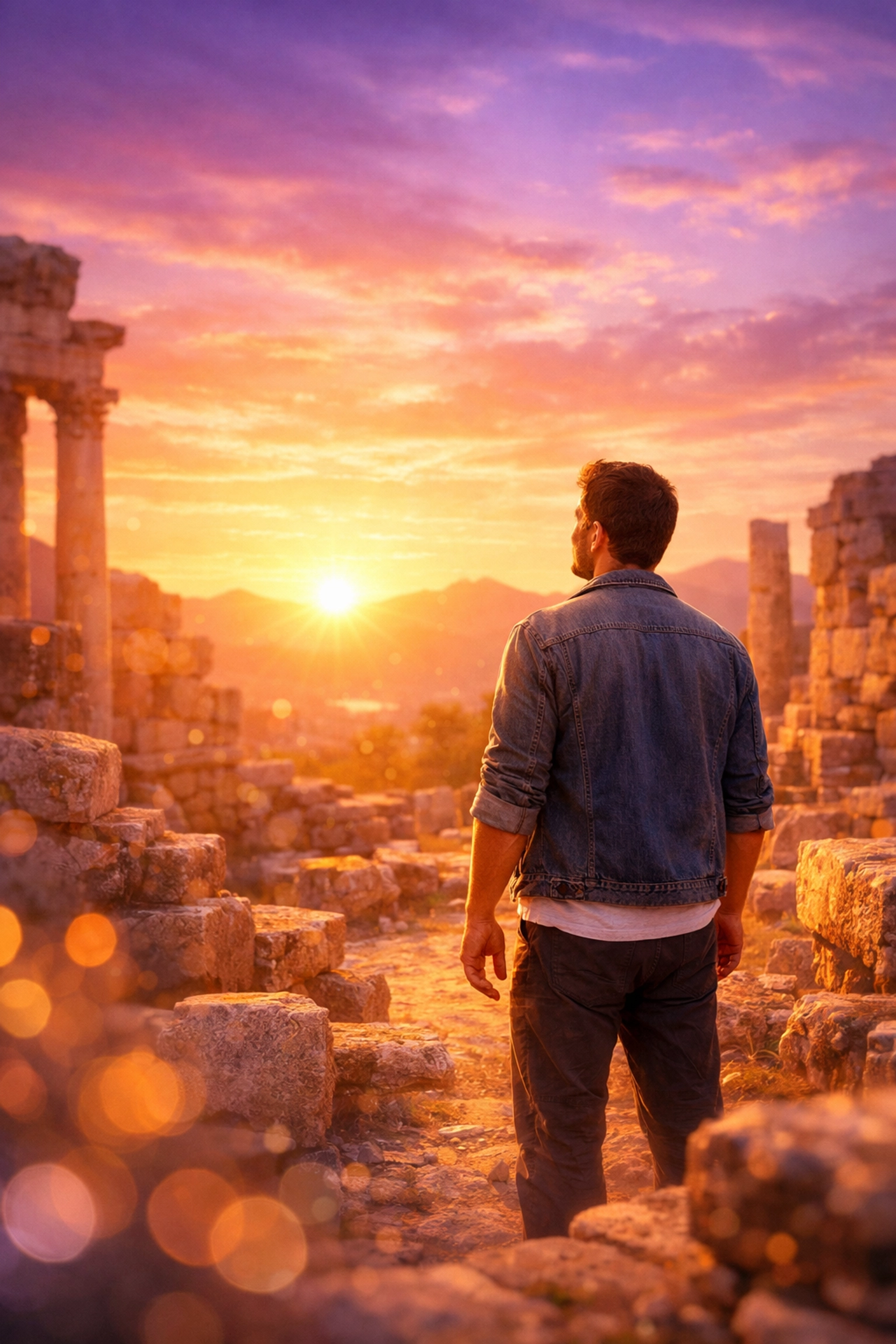 A man reflecting at sunrise among ancient ruins, exploring historical Bible evidence and the life of Jesus.