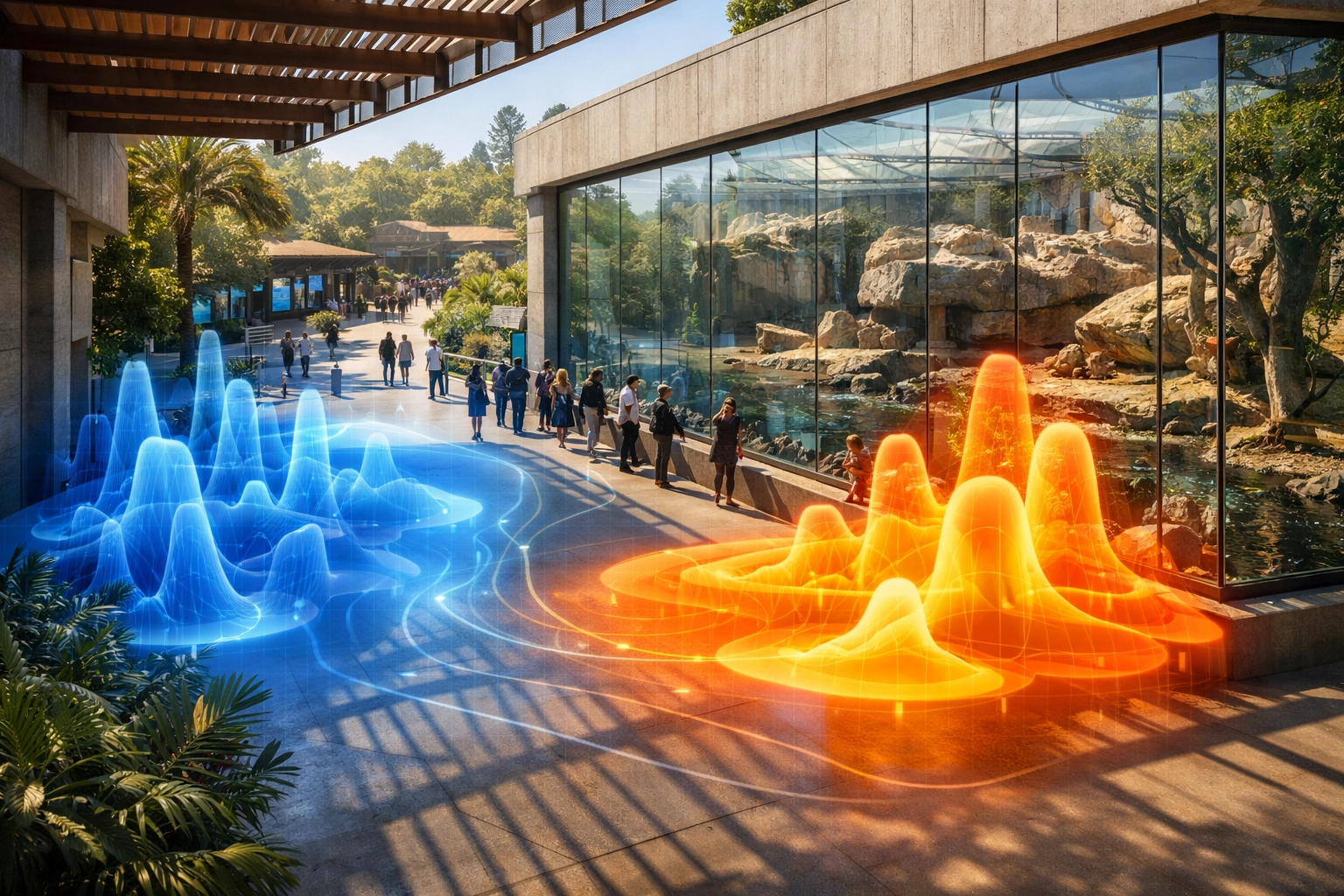 Data heatmap showing visitor flow and dwell zones in a modern zoo using smart venue technology.