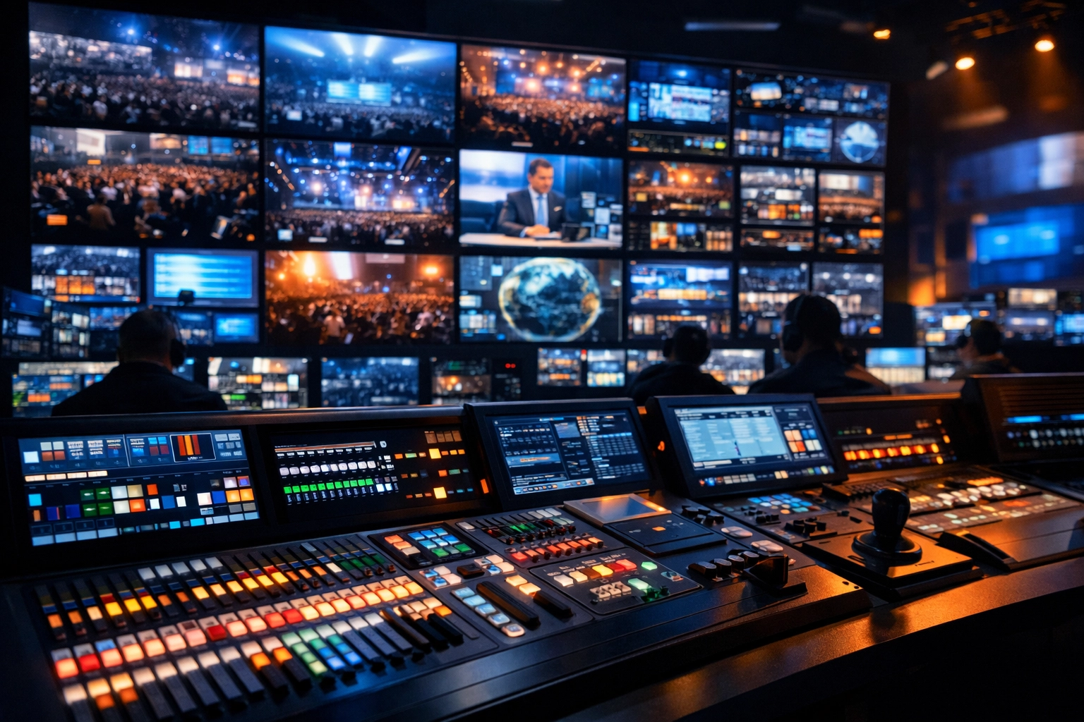 Modern media production control room managing high-definition live feeds for global event excellence.