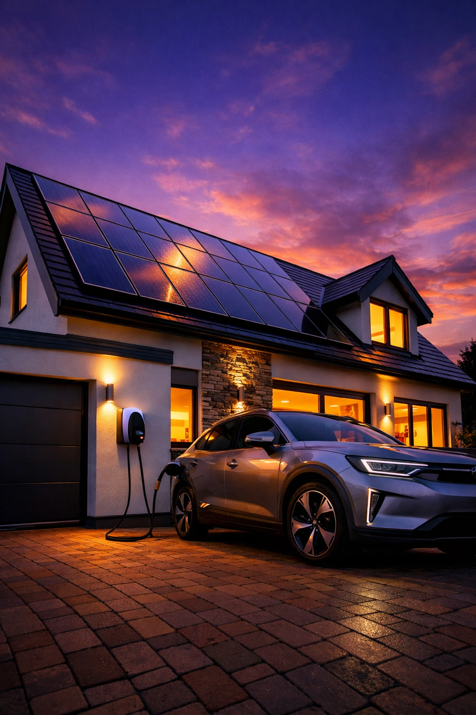 Modern UK house with sleek solar panels and an EV charger, showcasing total home energy independence.