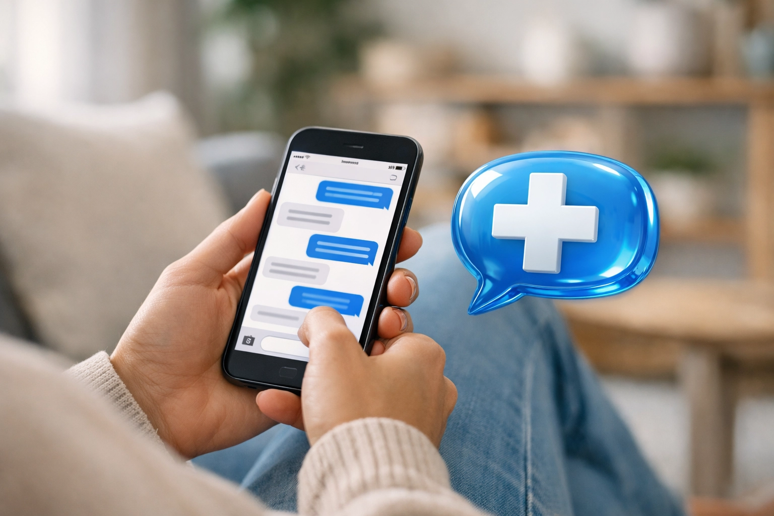 Secure online medical chat on a smartphone allowing a patient to consult with a doctor 24/7 from home.