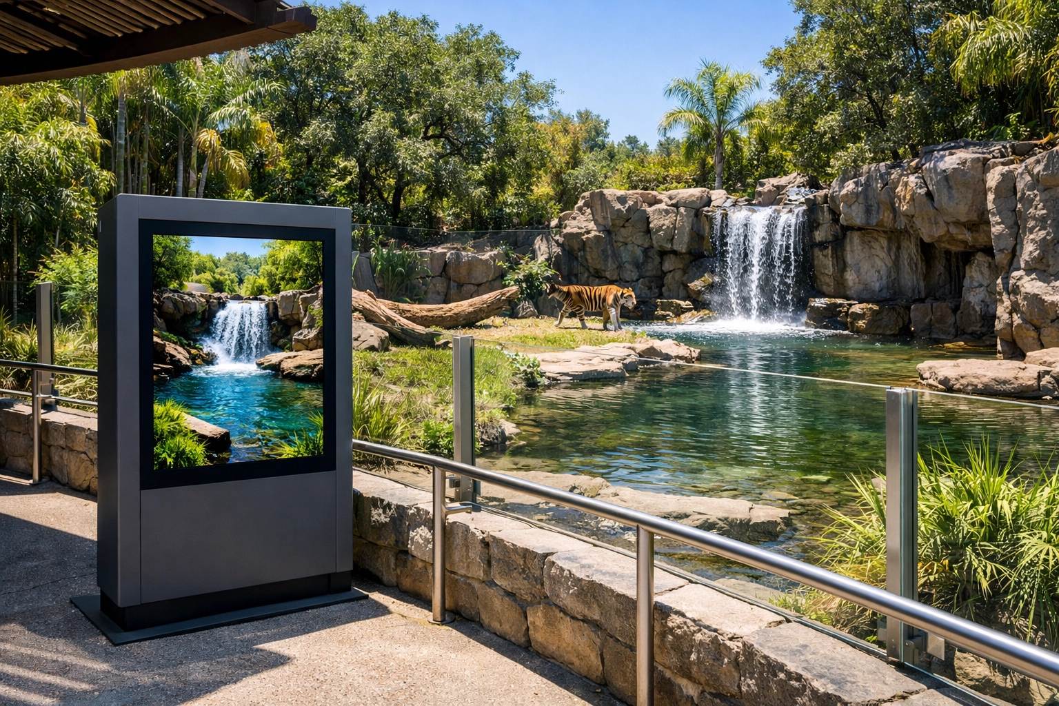 High-brightness digital media kiosk at an outdoor zoo exhibit near a tiger habitat.