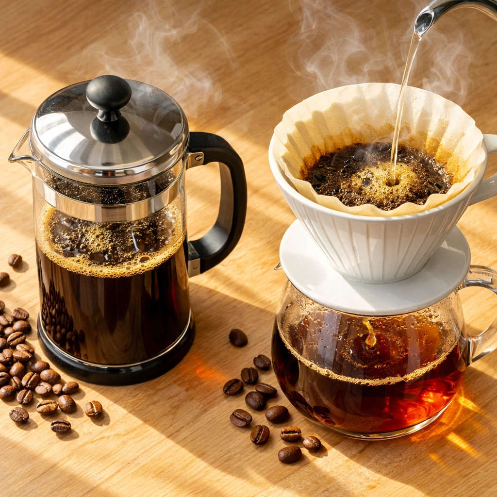 French Press and V60 coffee brewers side by side showing immersion vs pour-over brewing methods