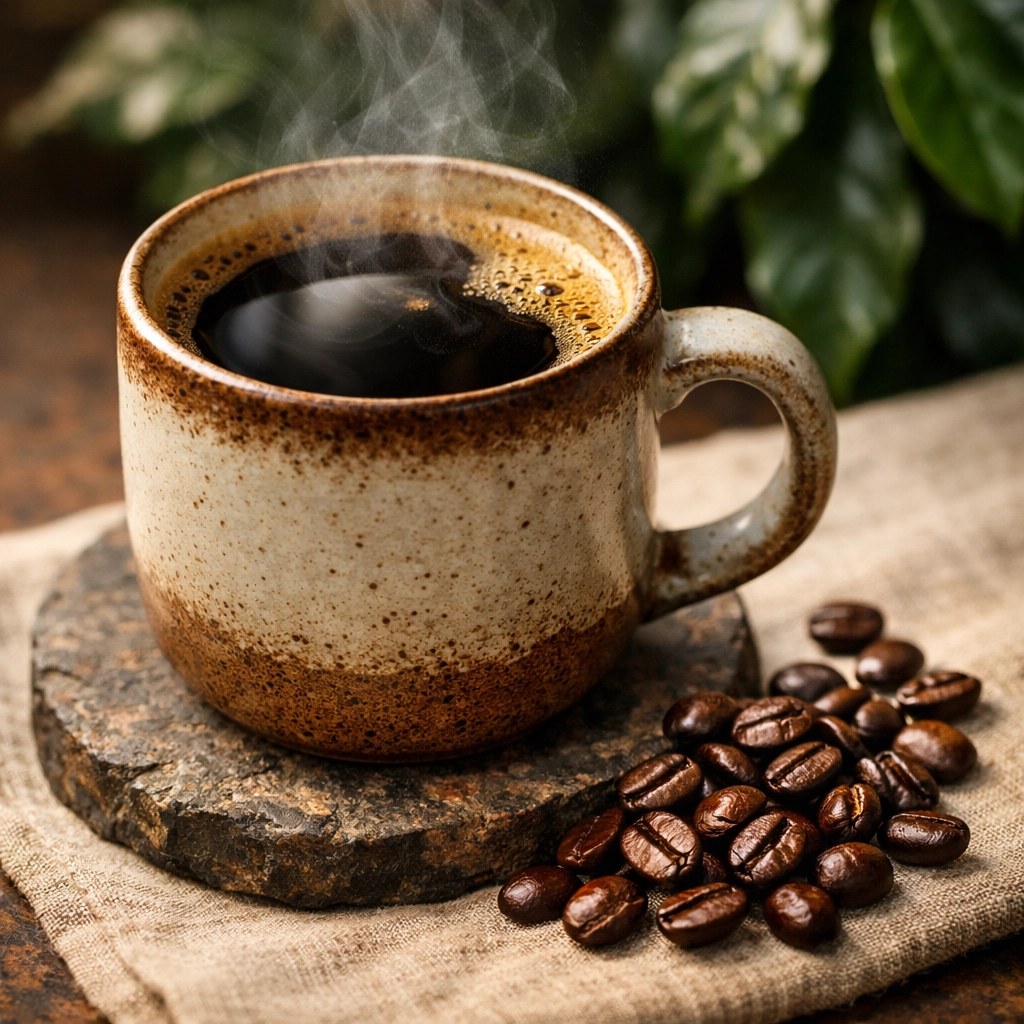 A steaming mug of fresh brewed black coffee with whole roasted single origin beans.