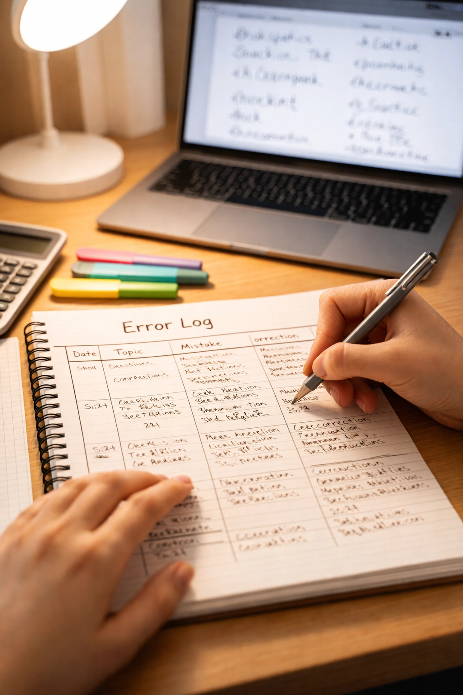 Close-up of organized SAT study with error log, math practice, and colorful highlighters