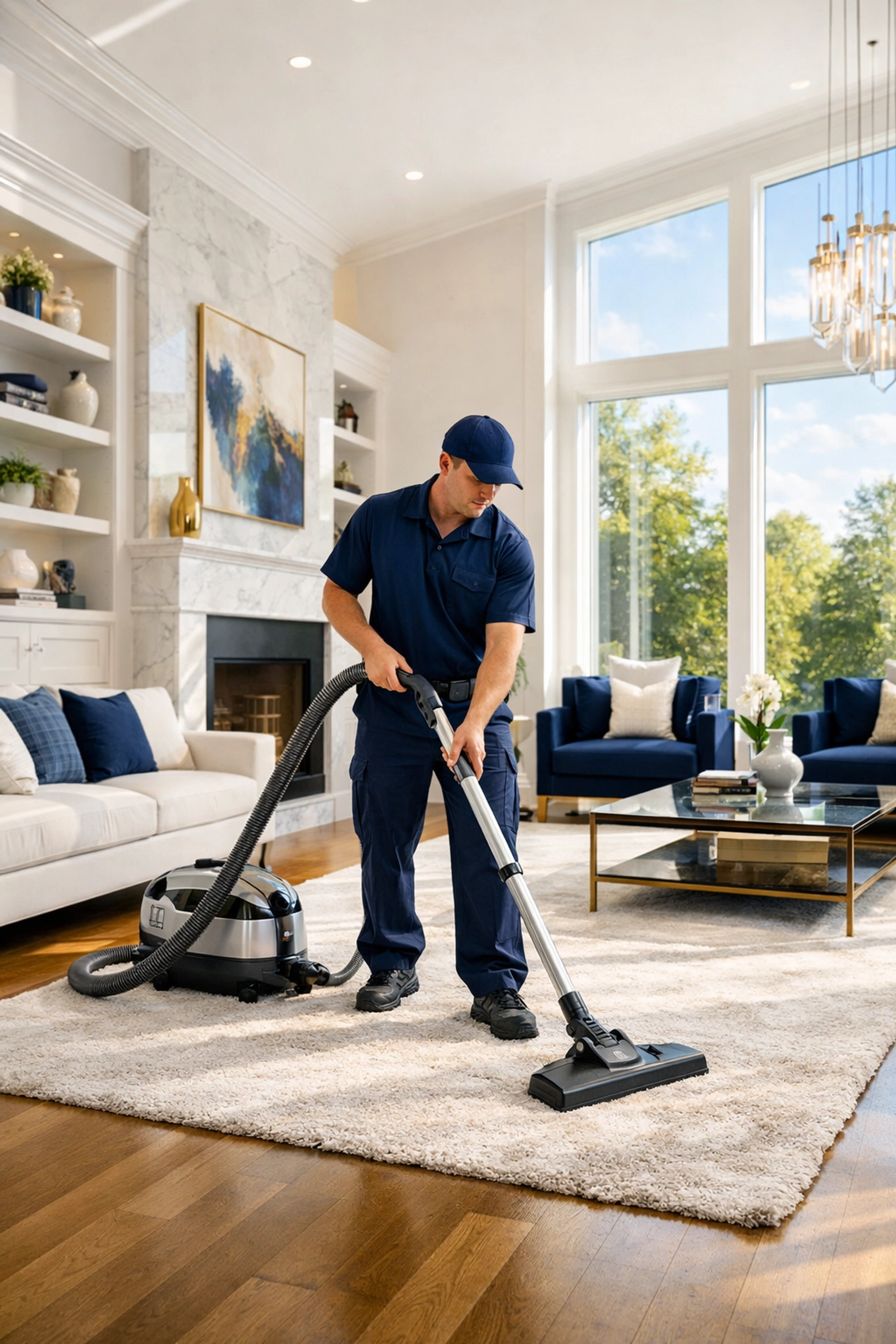 Professional post construction cleaning hudson in a high-end living room featuring a HEPA vacuum and polished floors.