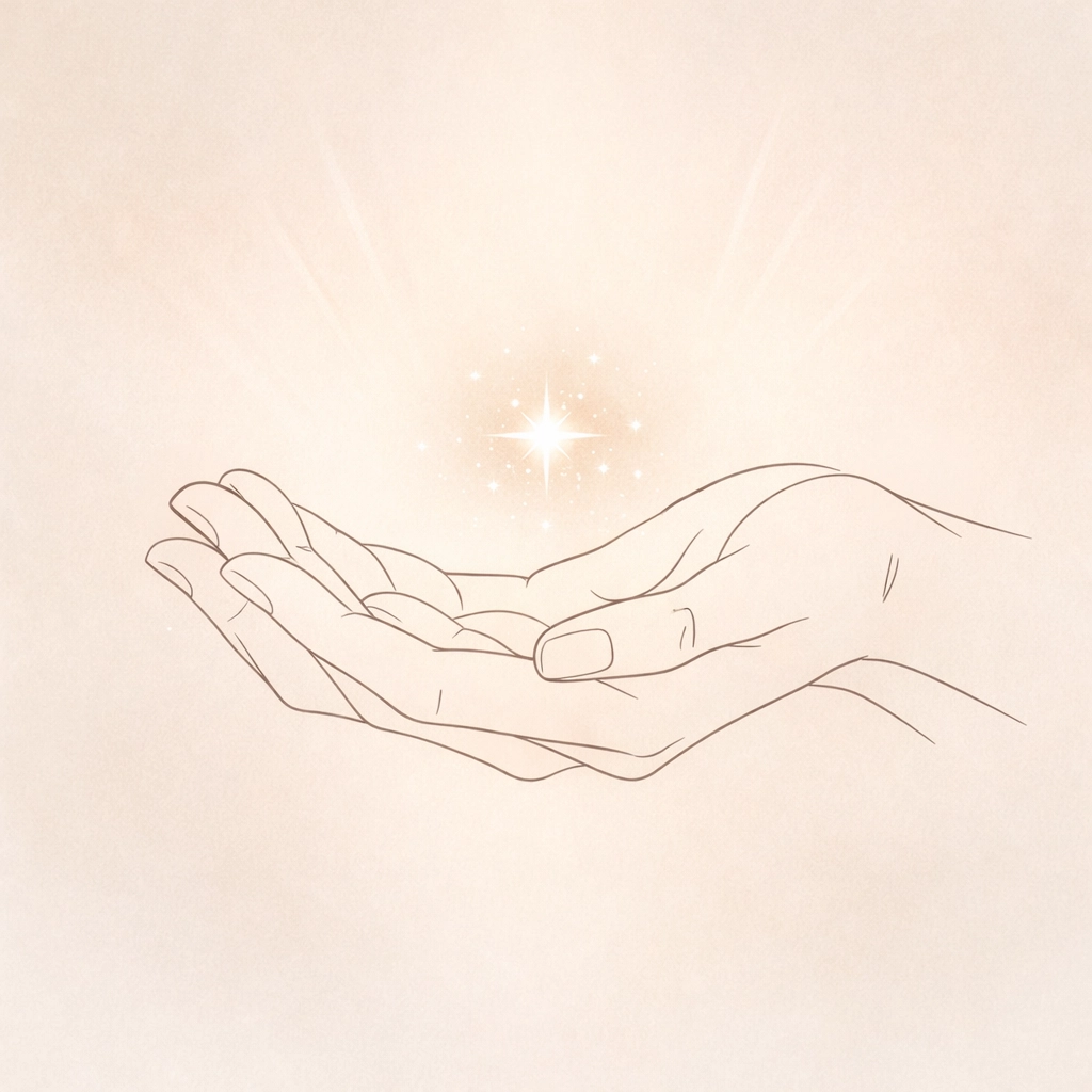 Delicate illustration of open hands receiving a spark, representing the start of a sacred and supported healing journey.