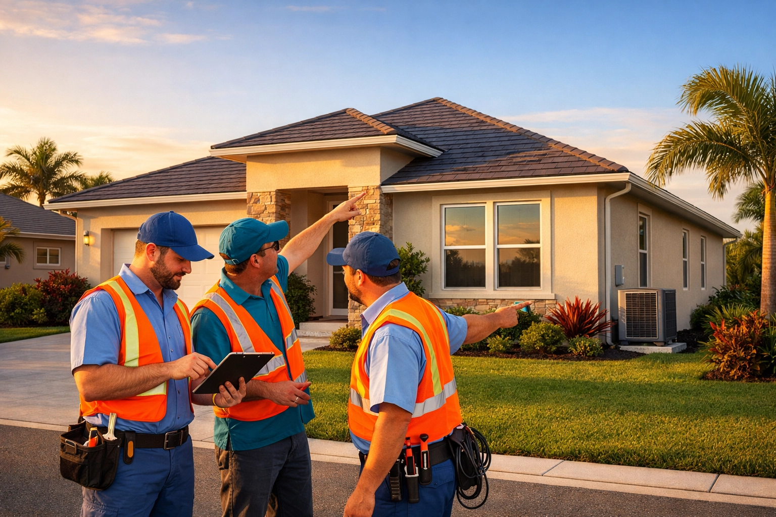Home service experts inspecting a Florida house with new roof replacement and impact windows for storm protection.