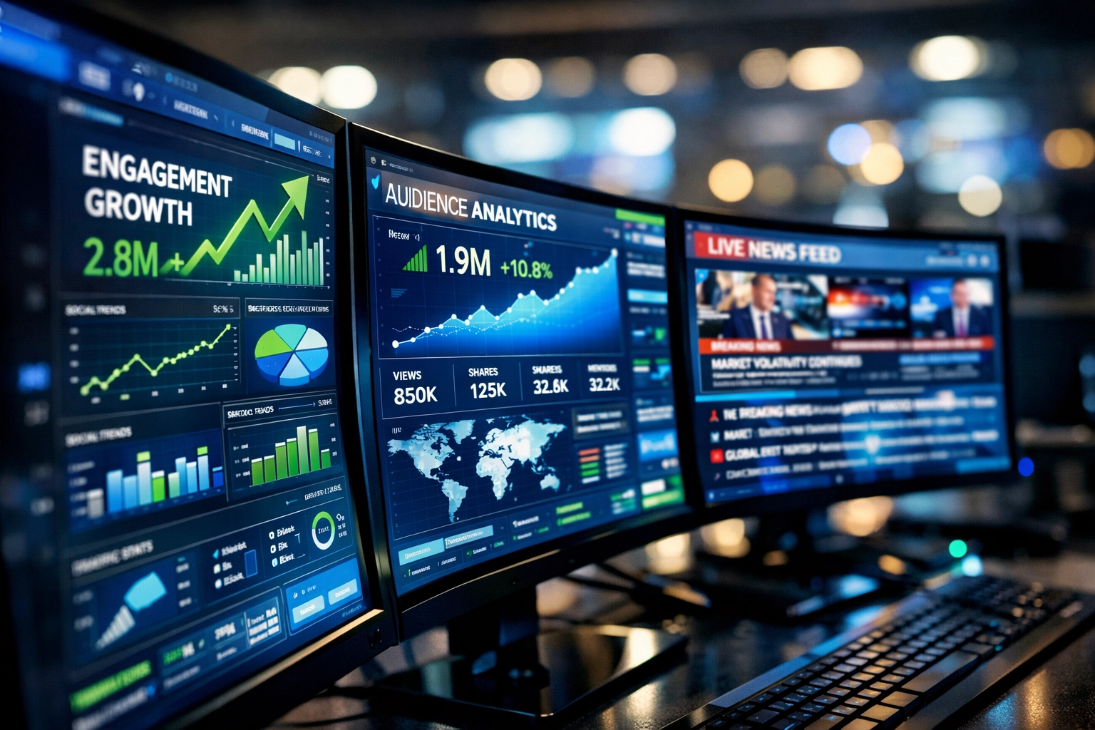 Real-time analytics dashboard tracking automated press release performance for media monitoring