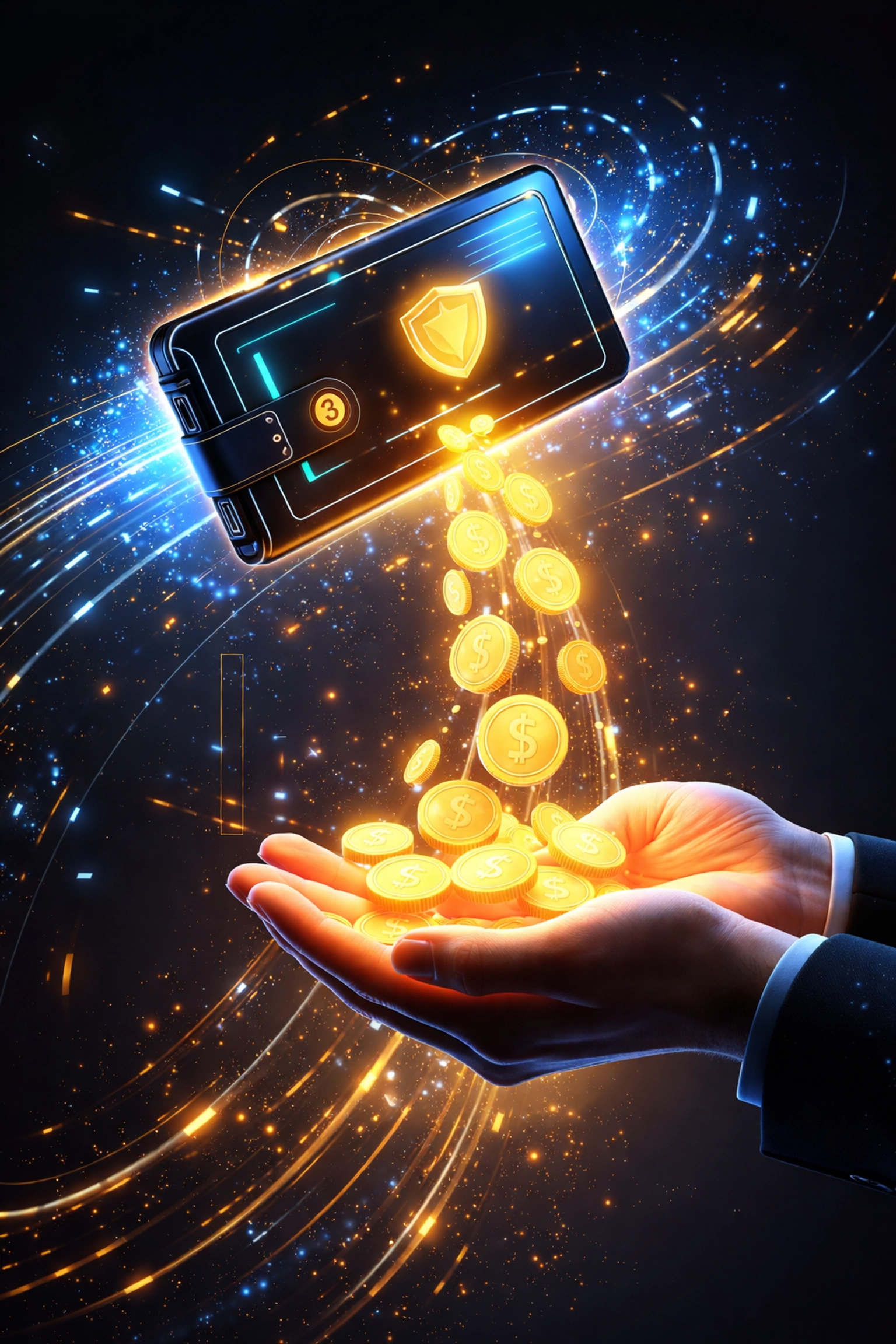 A futuristic digital wallet instantly transferring glowing coins to a merchant, highlighting Larecoin self-custody and crypto POS fee savings.