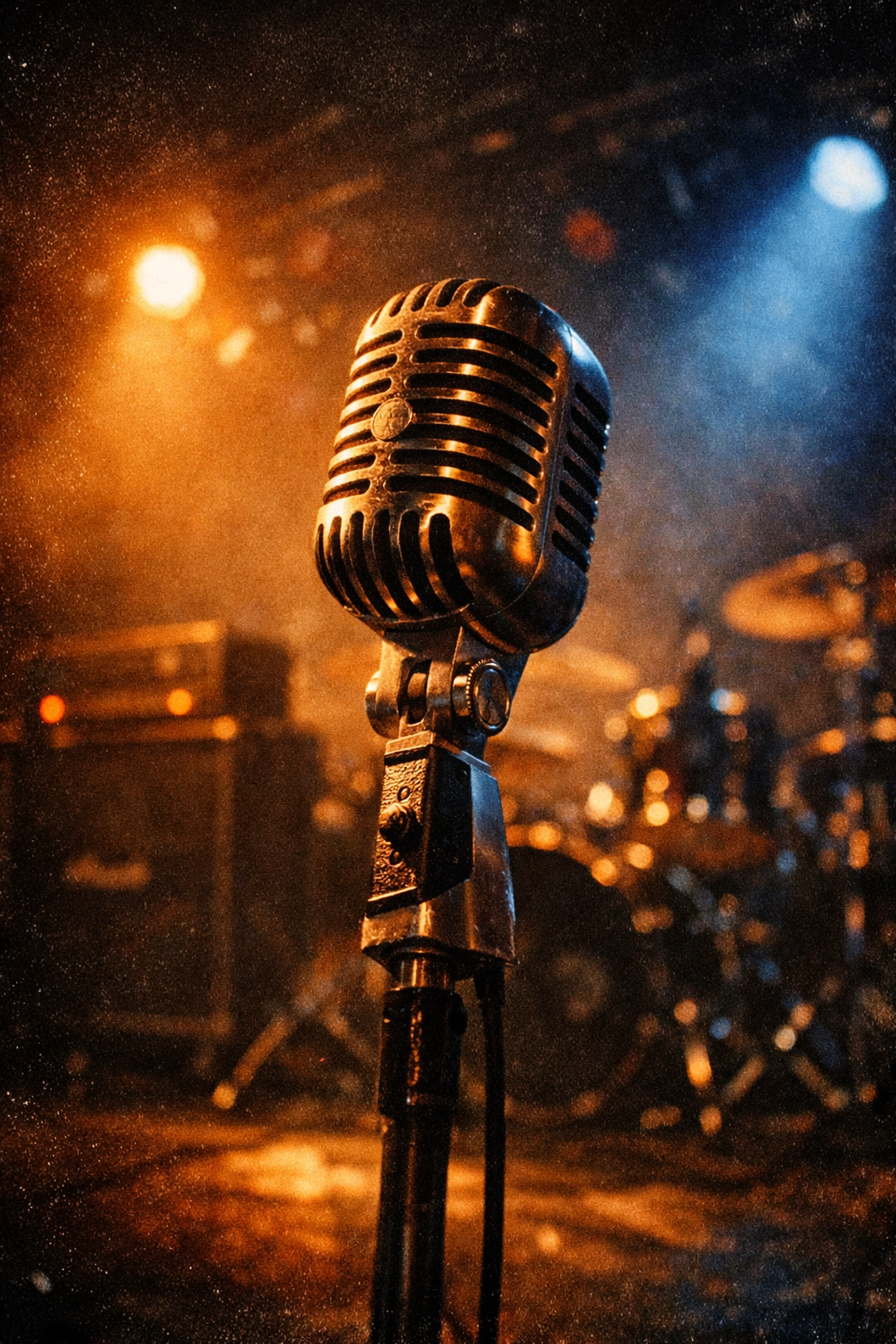 Vintage microphone on rock concert stage with dramatic lighting and amplifiers