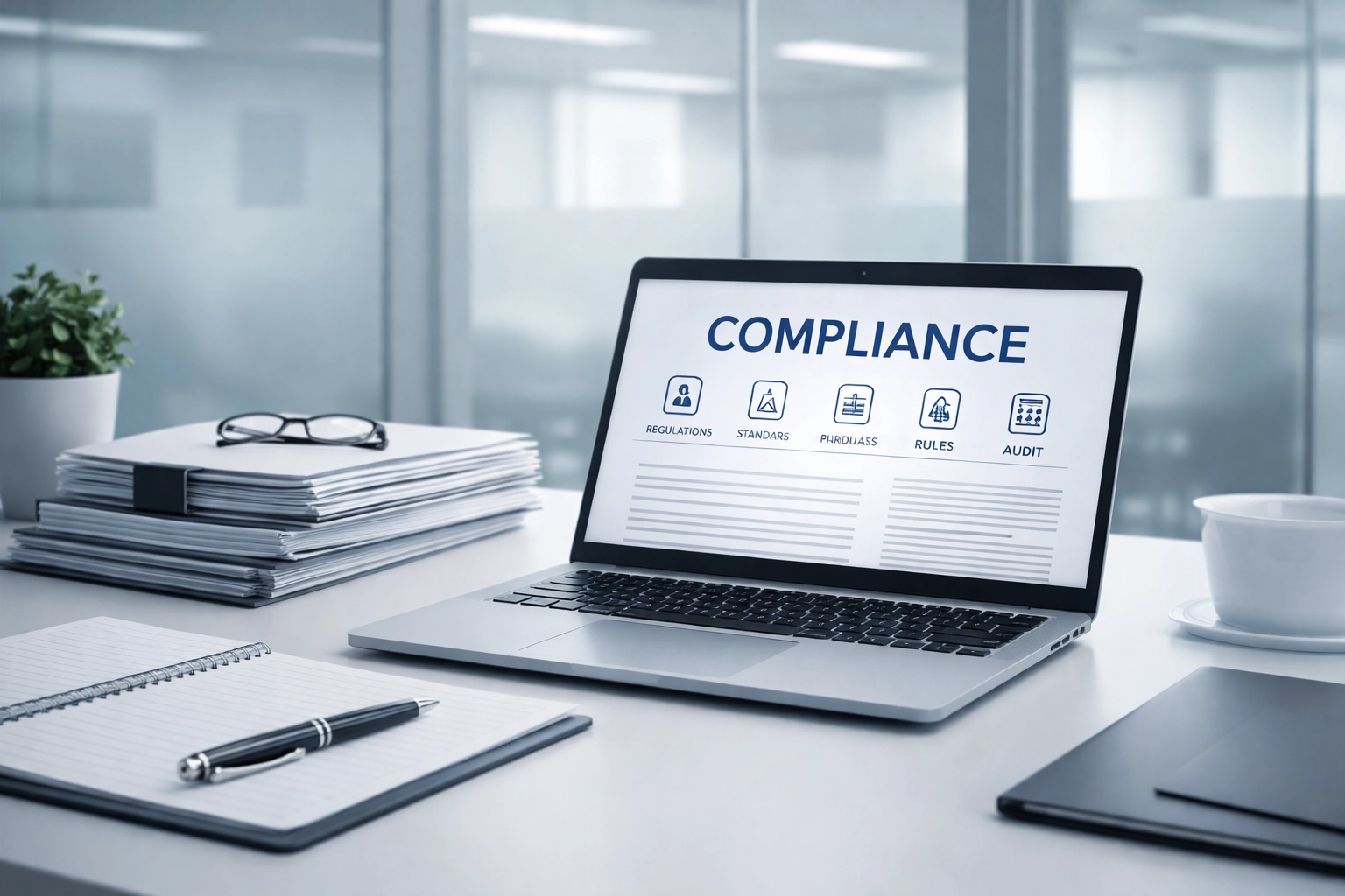 Compliance officer workspace with regulatory documents and laptop for ACH and debt collection