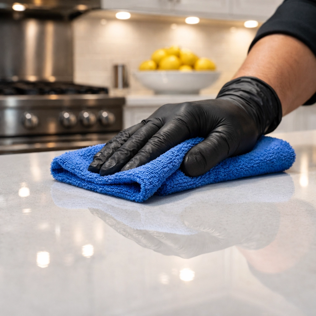 Trained professional cleaner polishing a white quartz kitchen countertop to a high shine in Bolton, MA.